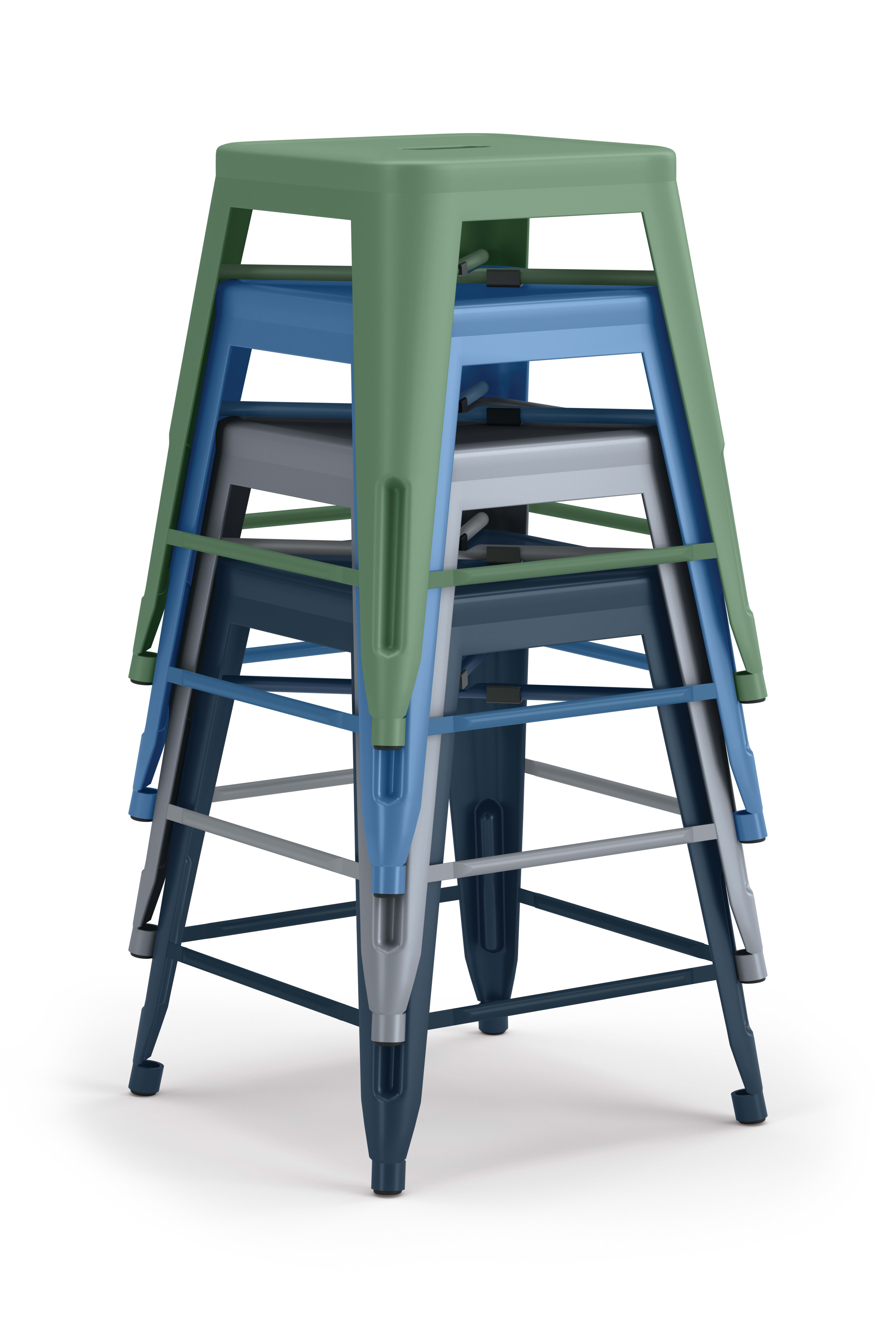Stack of Fern, Baltic, Cove, and Regatta Build Seated Height Makerspace Stools