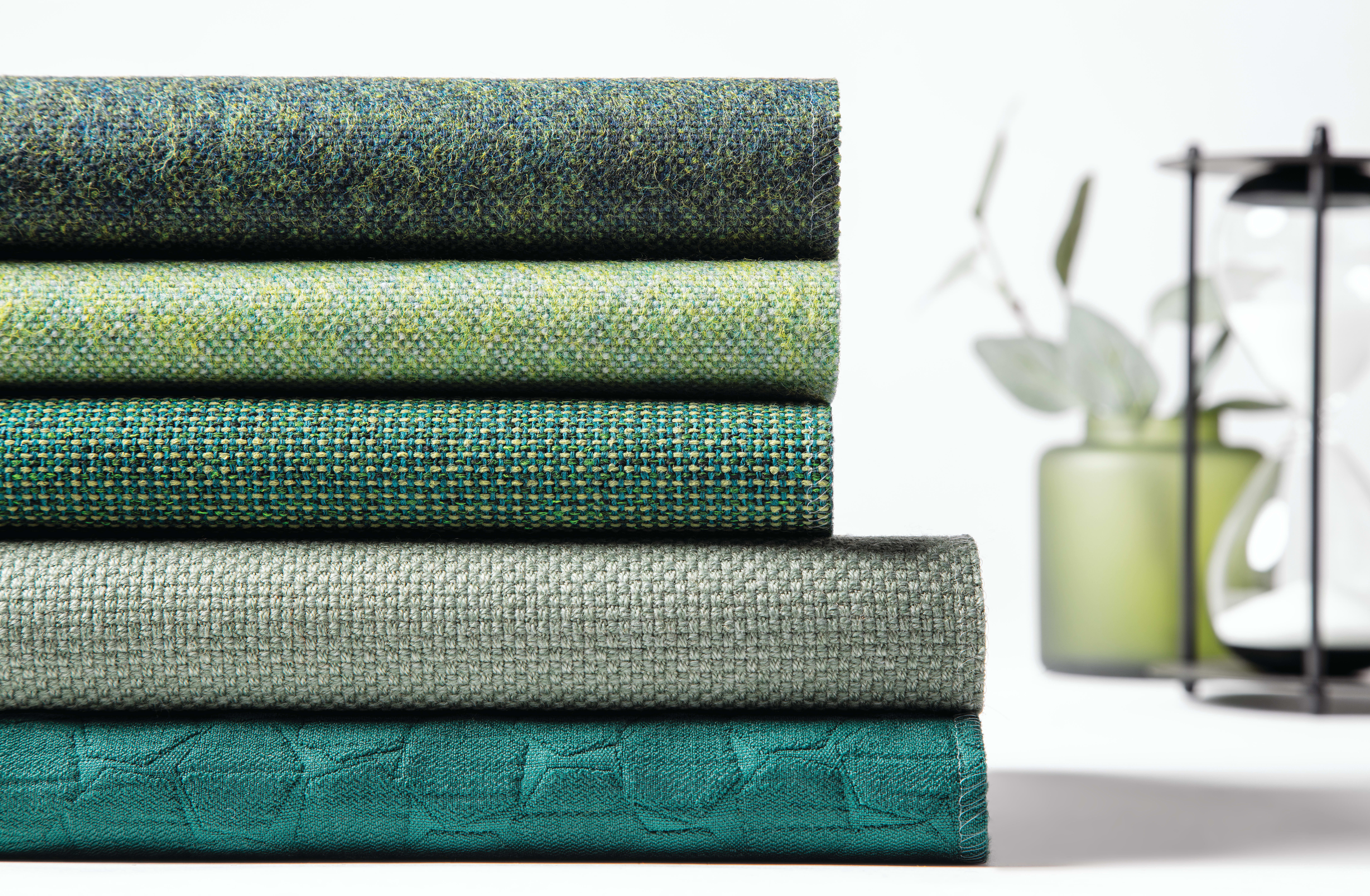 Maharam Beck, Lucerne, Arlo and Hive fabrics stacked