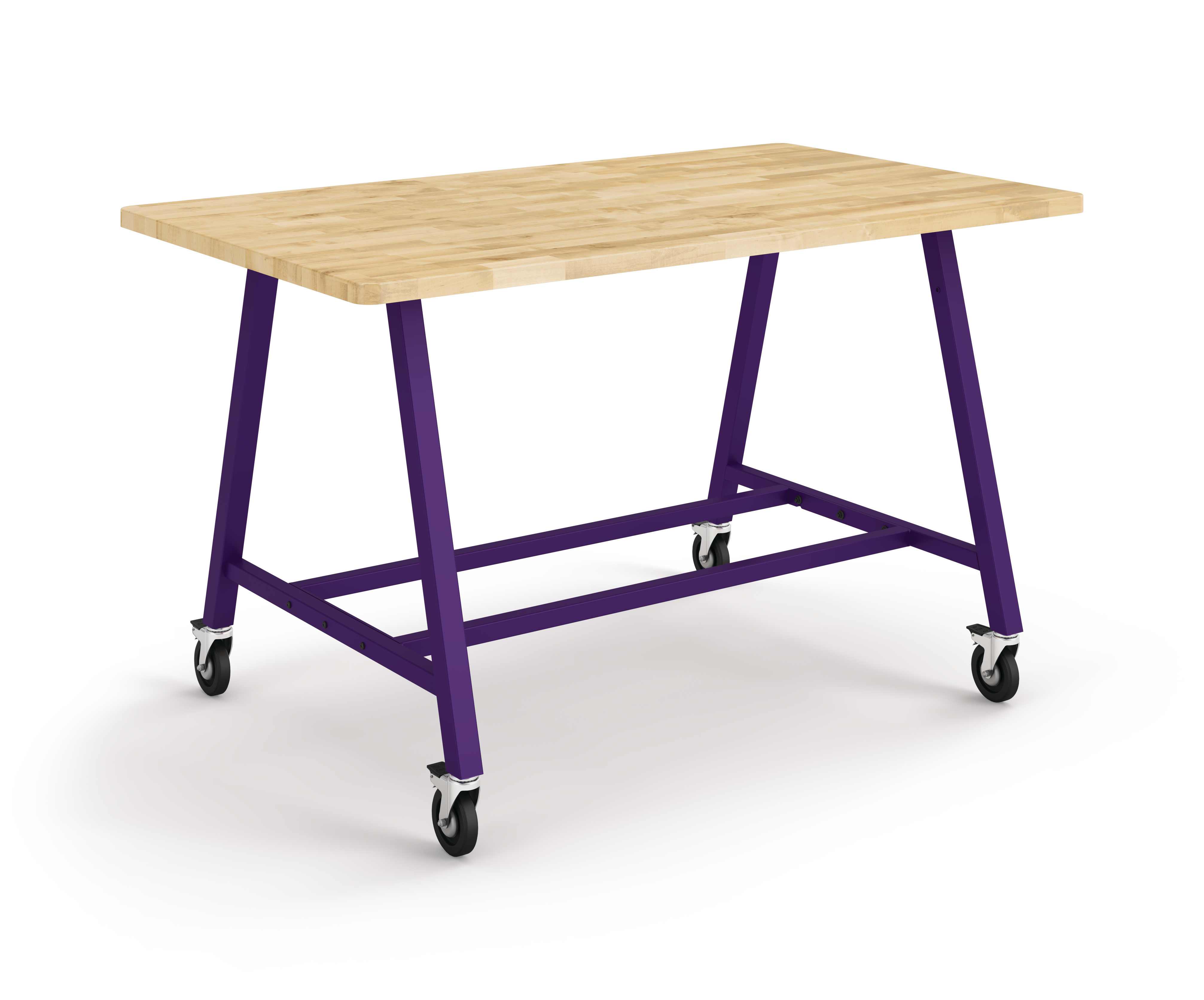 Right 3/4 View of Butcher Block Standing-Height Build Table with Purple Legs