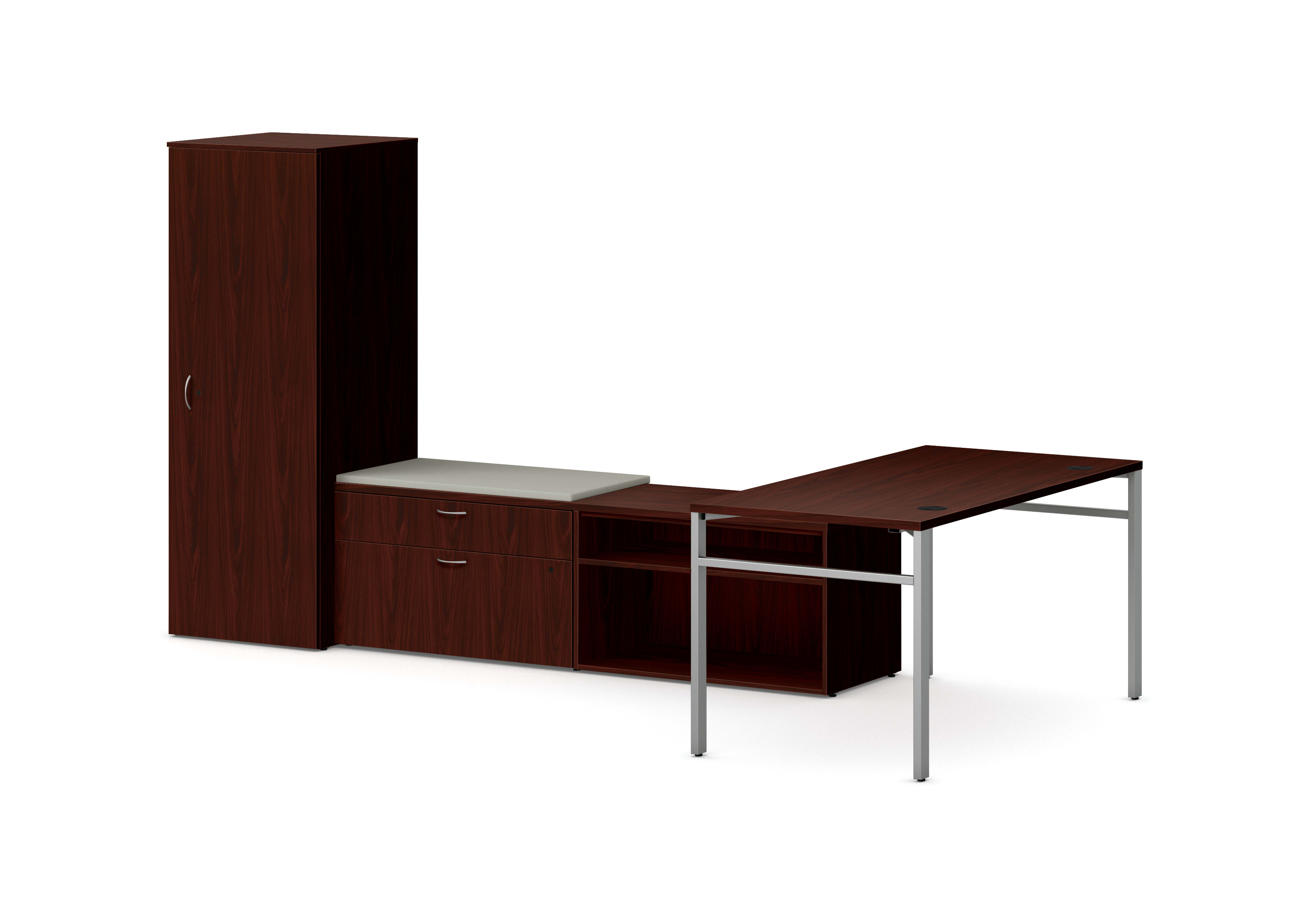 Mod L-Station Desk with Personal Storage Tower in Slate Teak with Silver Legs