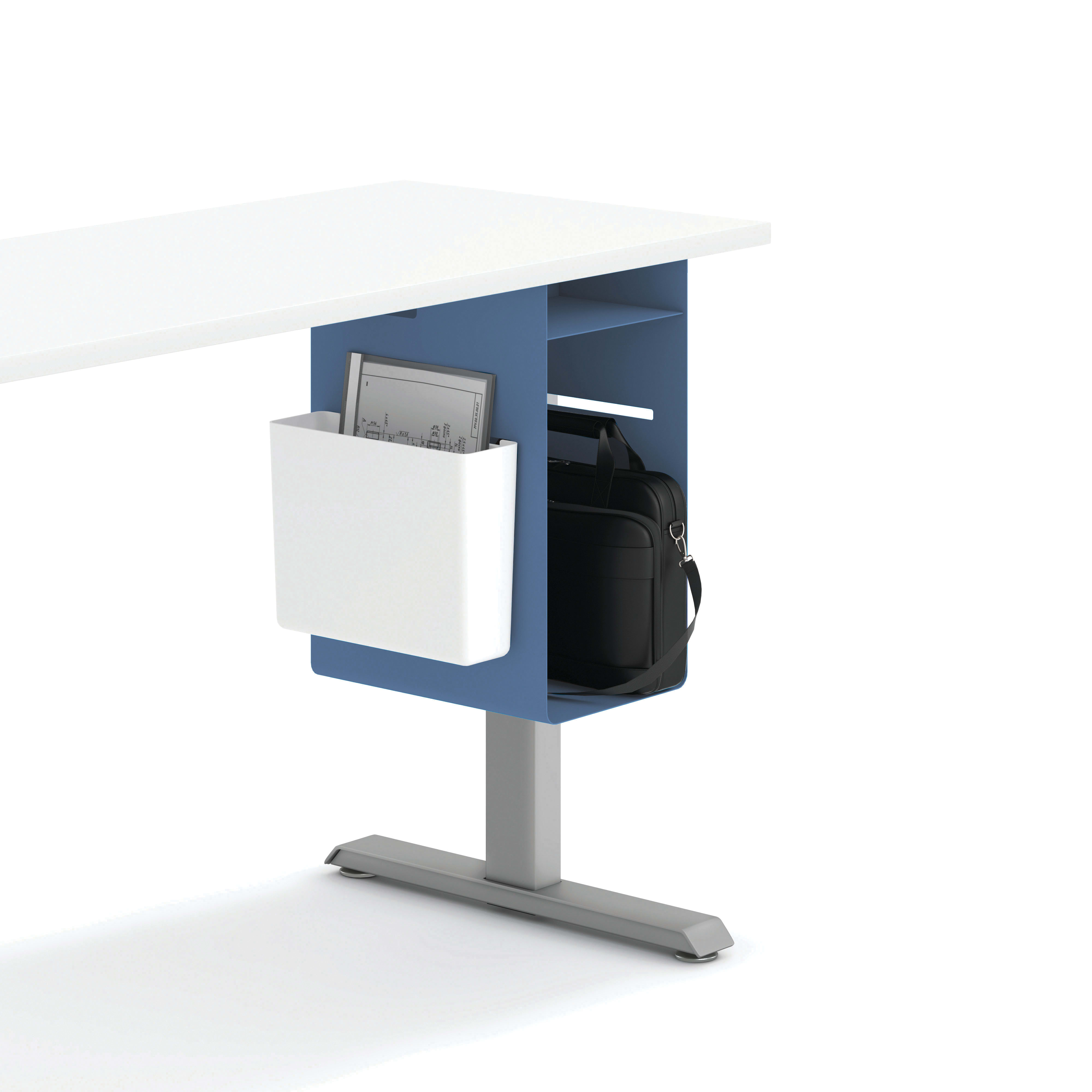 A modern, minimalist desk organizer with a white surface, a blue compartment, and a space for storing a laptop or other electronic device.