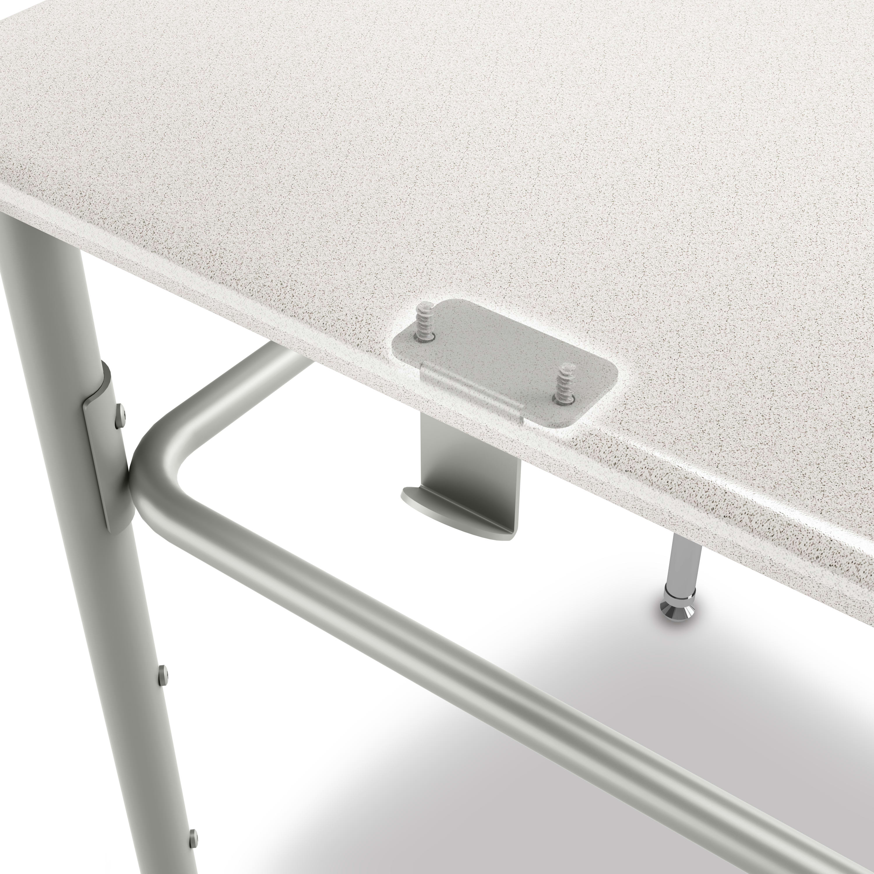 Detail image showing how the SmartLink Back Pach Hook connects to the underside of a SmartLink Student Desk