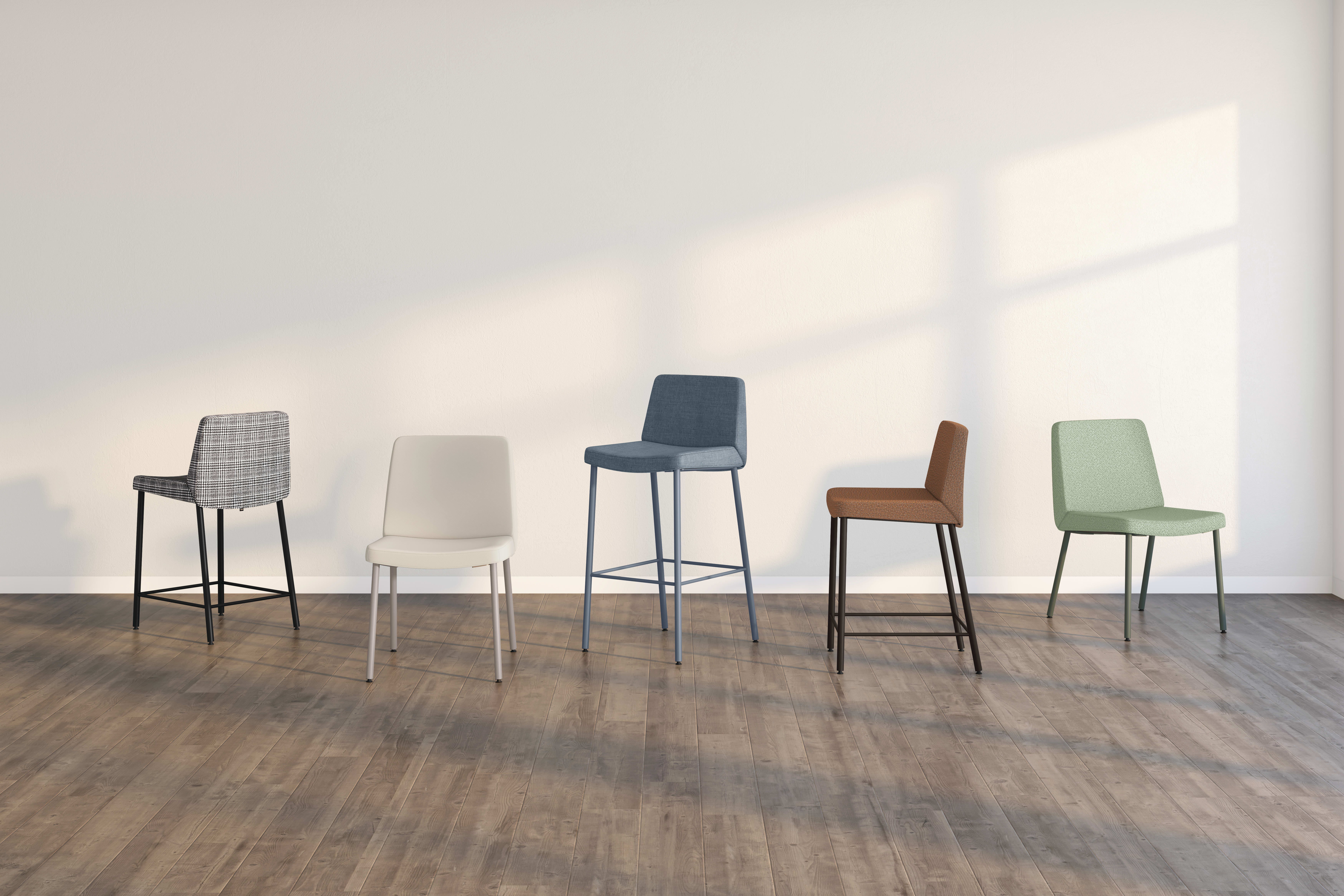 A collection of modern, minimalist bar stools in various colors and designs, arranged on a wooden floor against a plain white wall.
