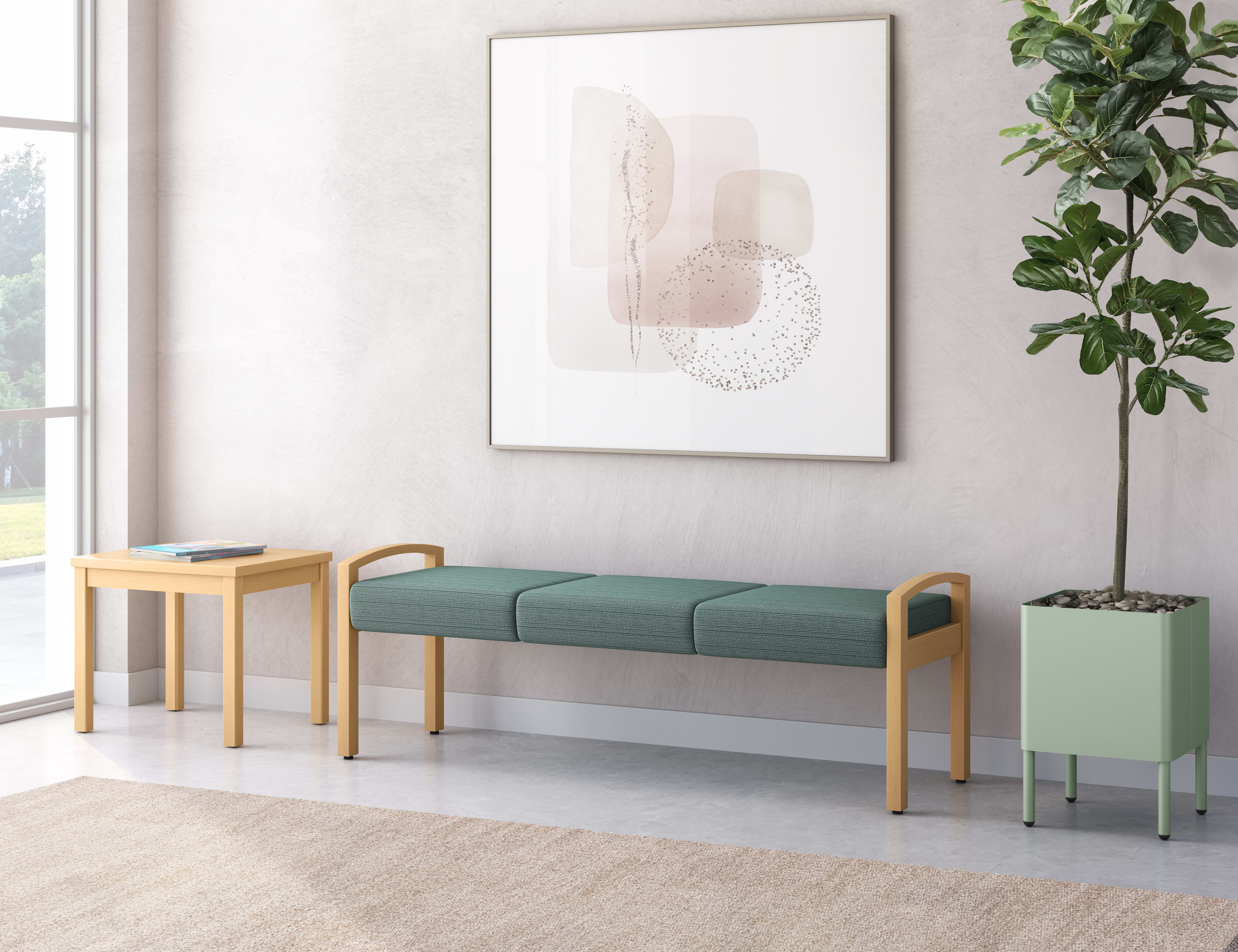 A minimalist living room with a framed abstract artwork, a wooden bench with green cushions, and a potted plant, all set against a bright and airy background.