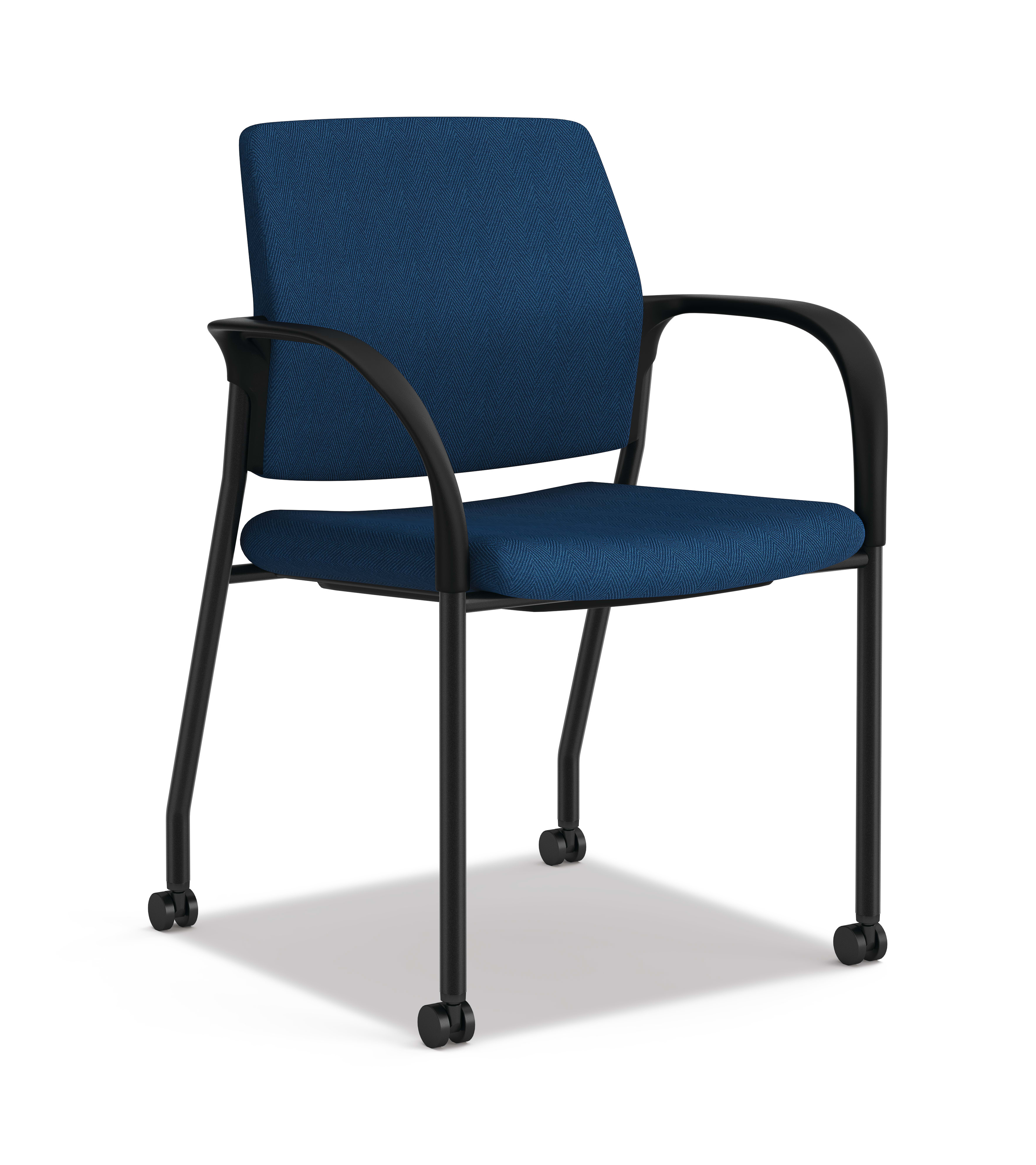 A right three-quarter view of an Ignition HIGS6 multi-purpose chair with blue fabric and black frame.