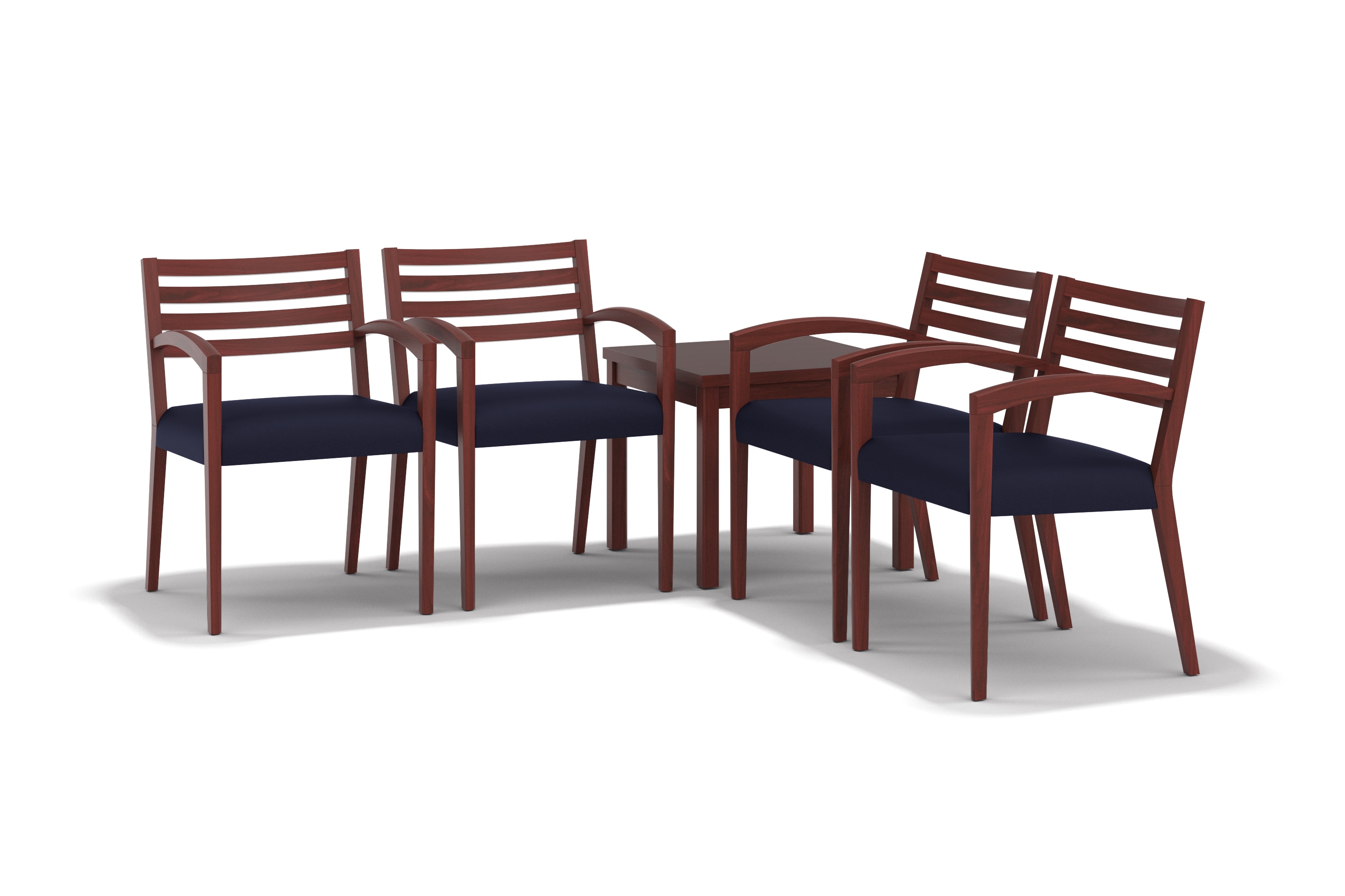 The image shows a set of four wooden chairs with dark blue cushions arranged around a small wooden table.