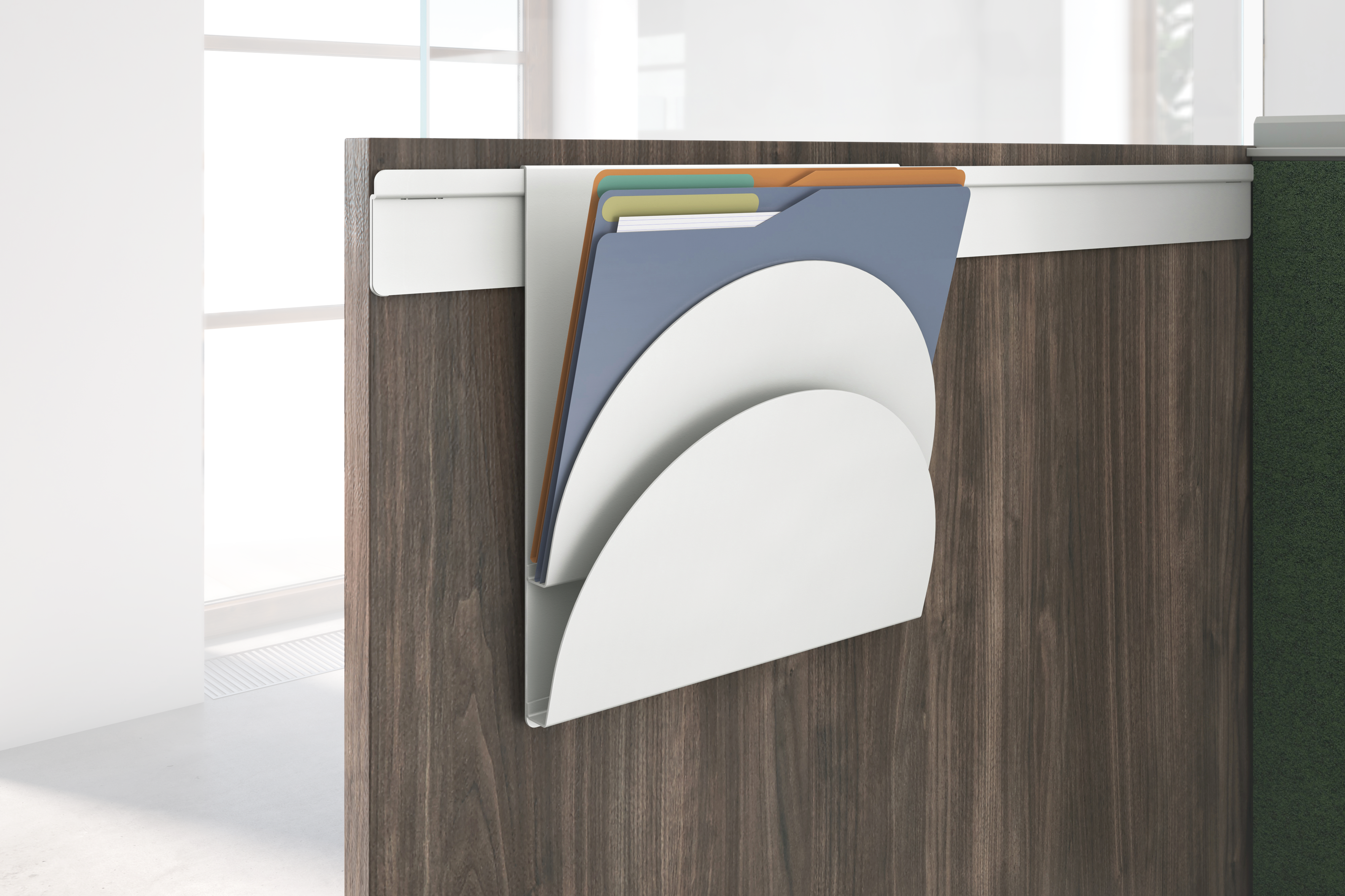 Gallery panel double angle-file with folders hanging on an accessory rail.