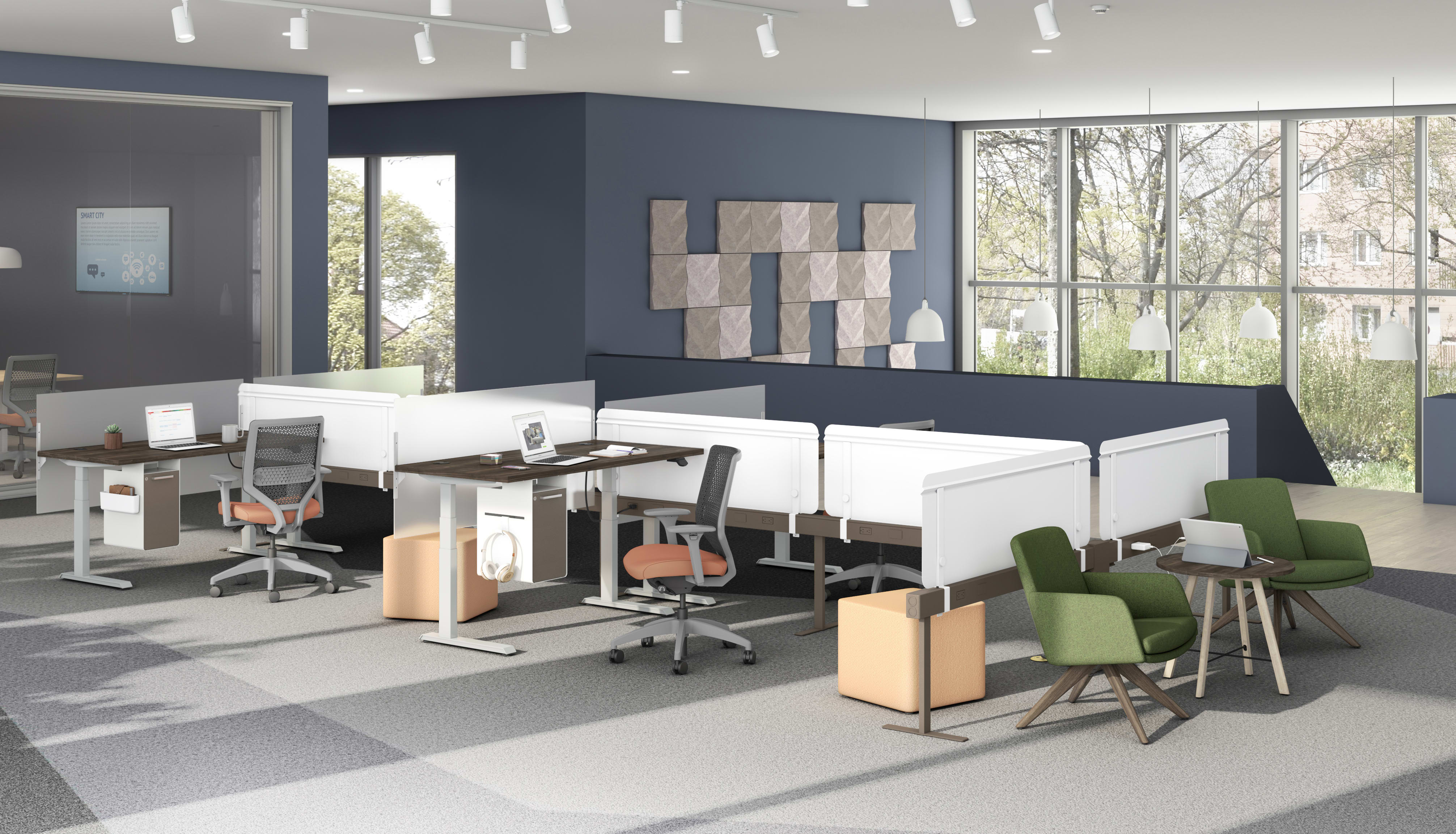A modern and minimalist office space with workstations, chairs, and large windows overlooking a natural outdoor environment.