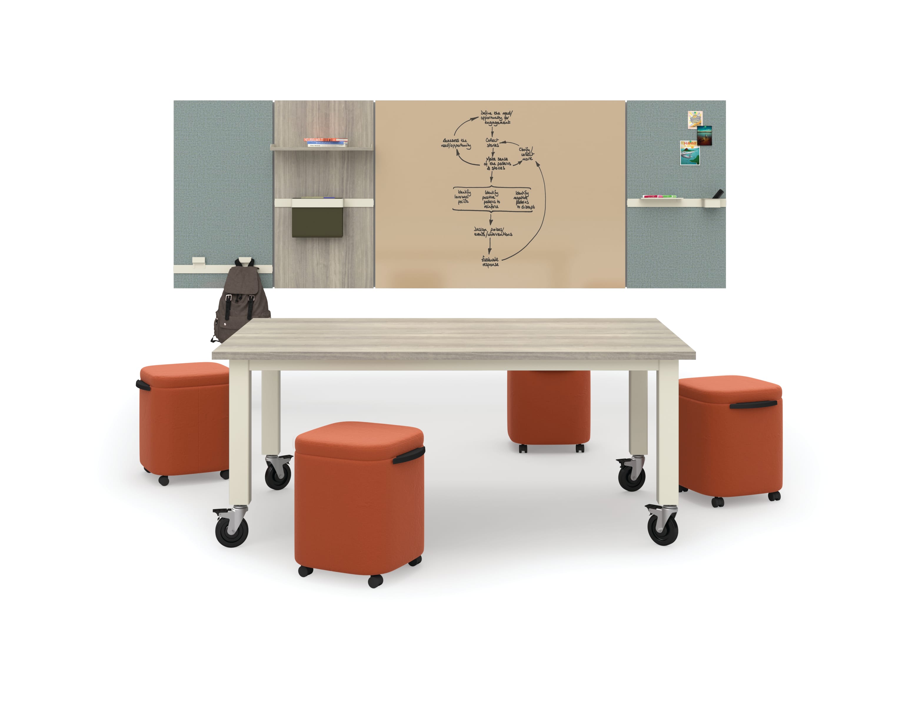 Preside Table with Astir poufs in open setting around Workwall tiles