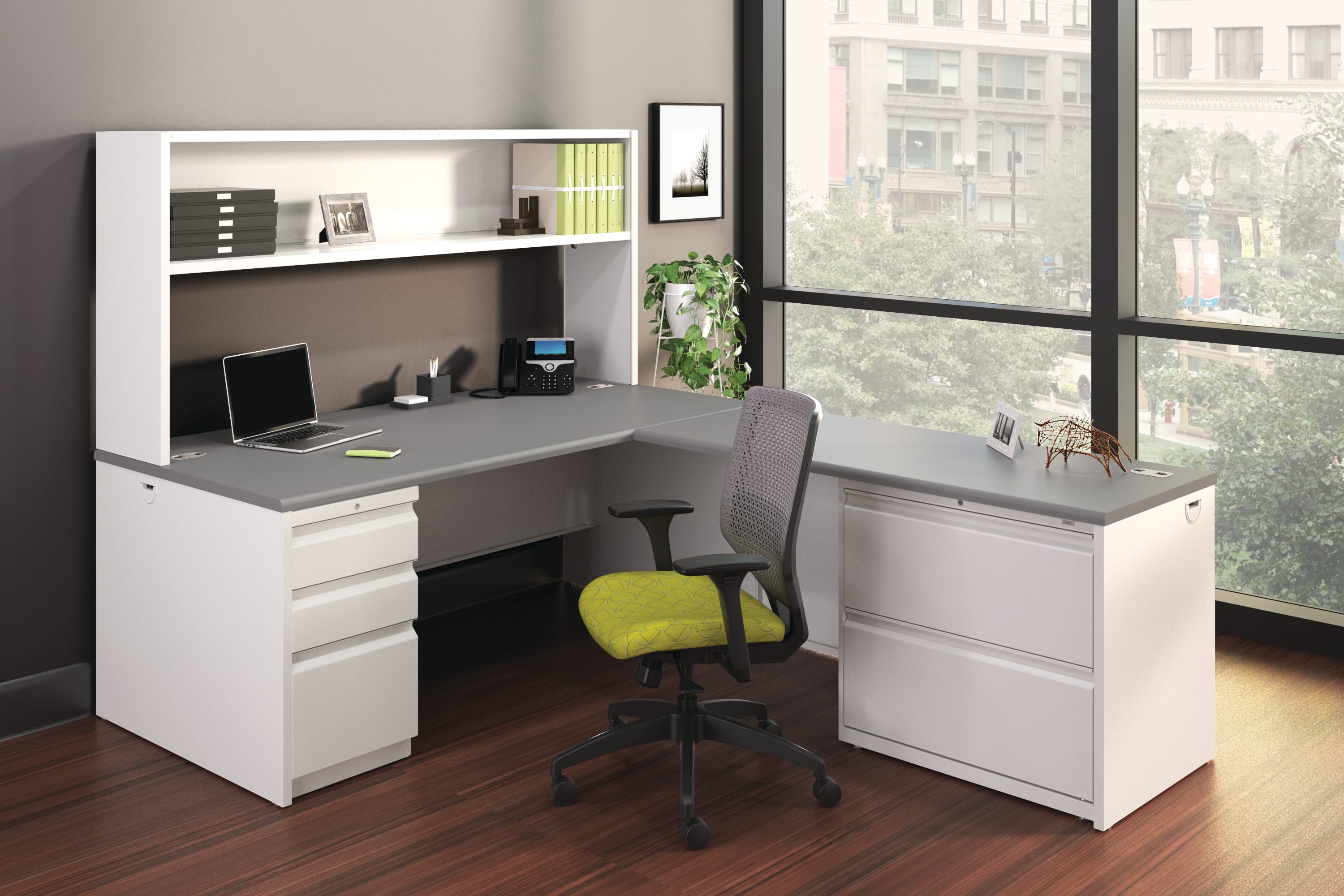 A modern, minimalist home office setup with a white desk, shelving unit, and a swivel chair positioned in front of a large window overlooking a cityscape.
