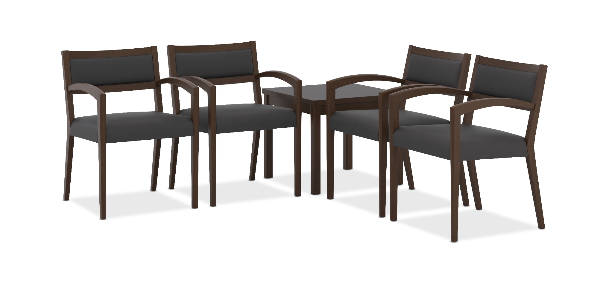 The image shows a set of six modern, minimalist chairs with dark brown wooden frames and black upholstered seats and backrests, arranged in a group.