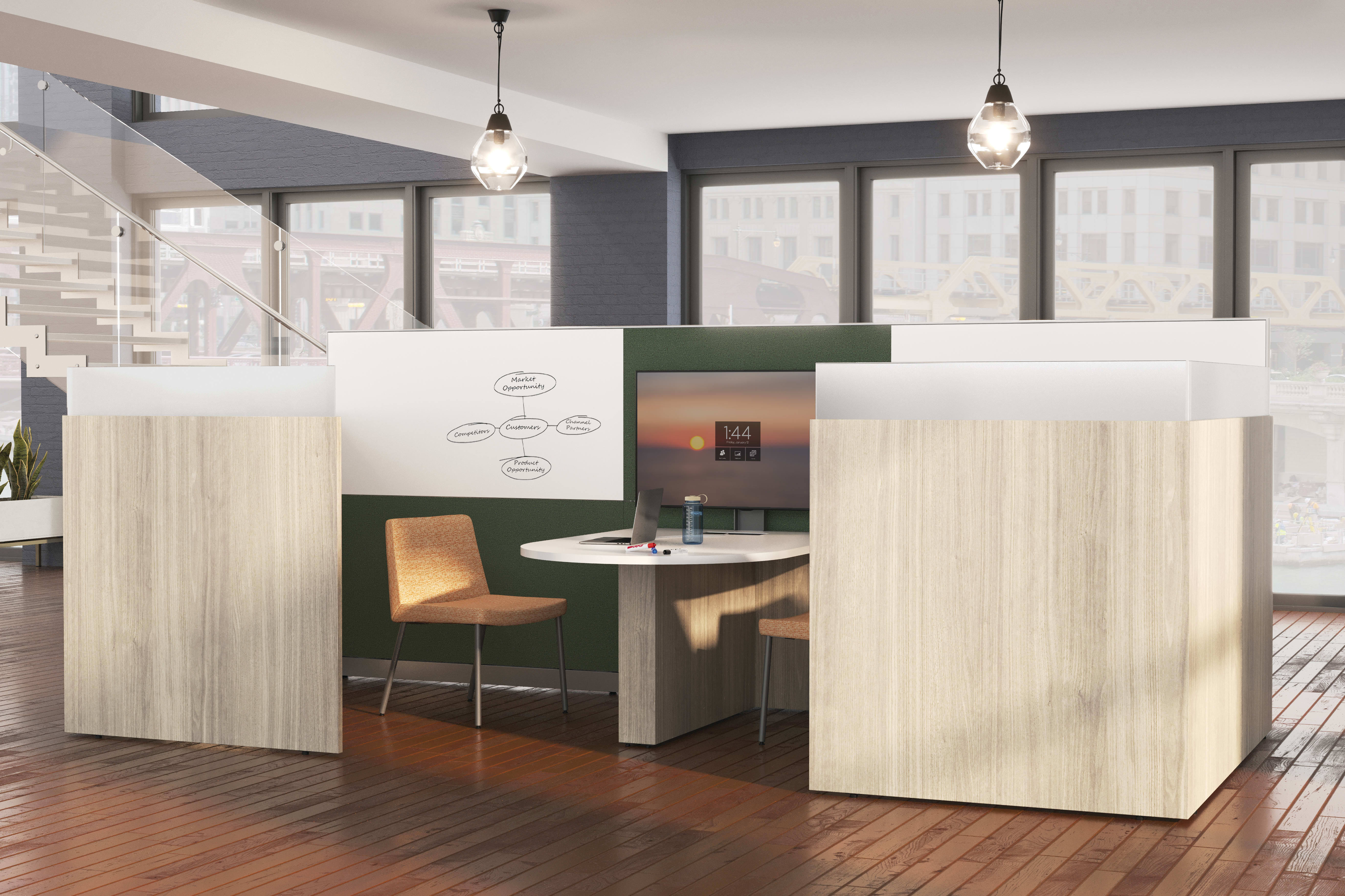 Abound freestanding conference room with gallery panels and markerboard tiles for collaboration
