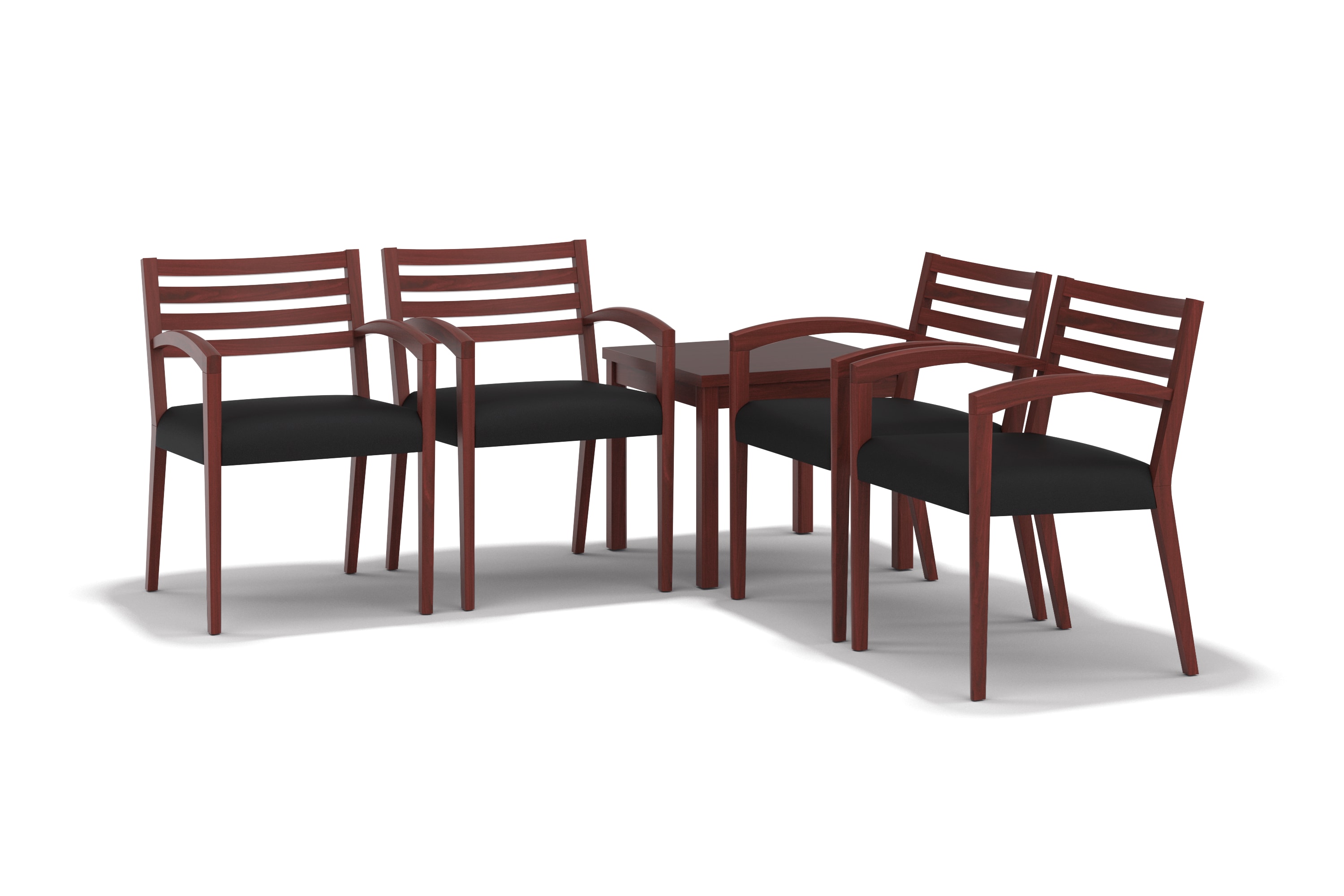 The image shows a set of six wooden chairs with a dark brown finish and black cushioned seats, arranged in a group against a plain white background.