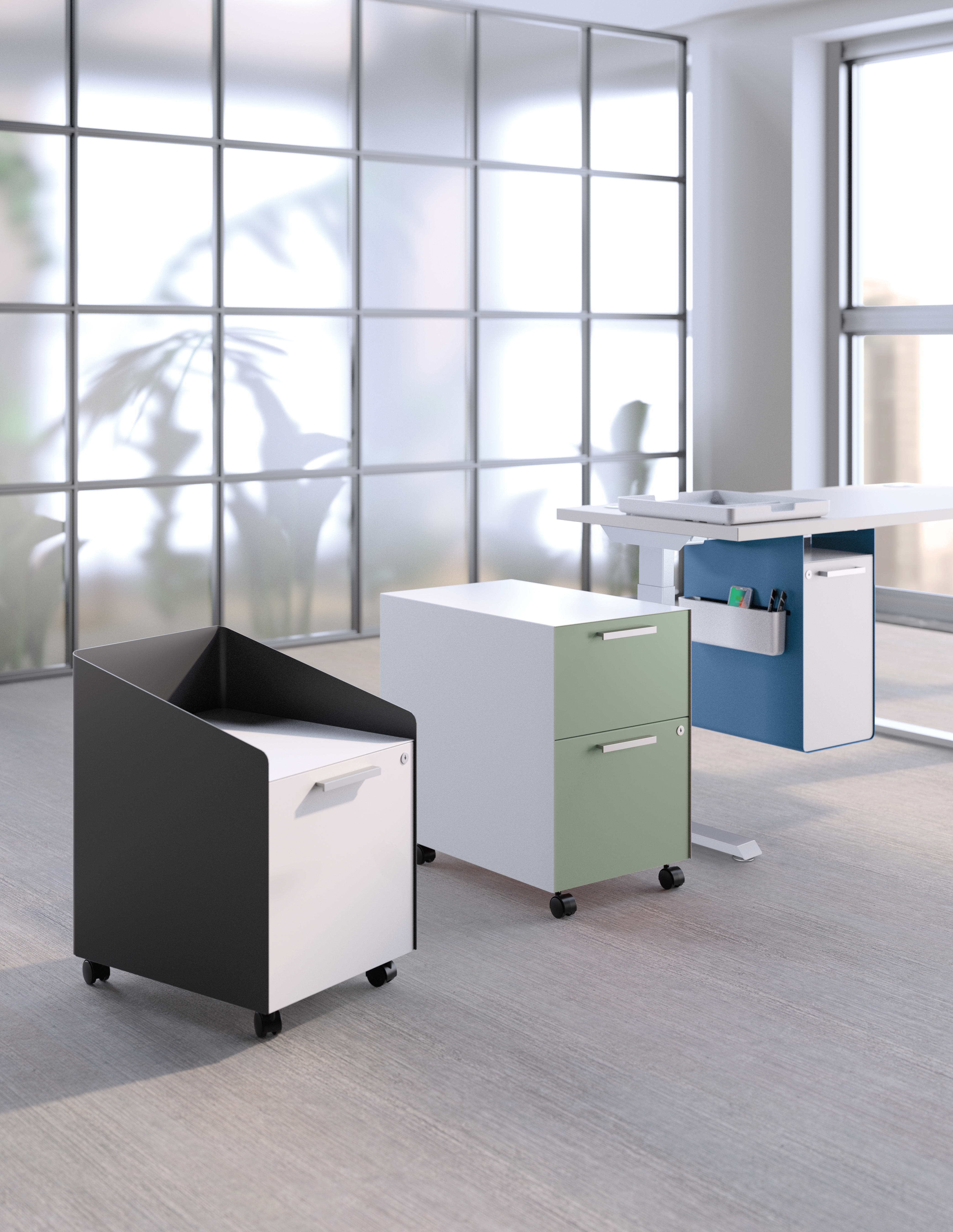 A modern, minimalist office space with sleek, modular furniture pieces in various colors and a large window providing ample natural light.