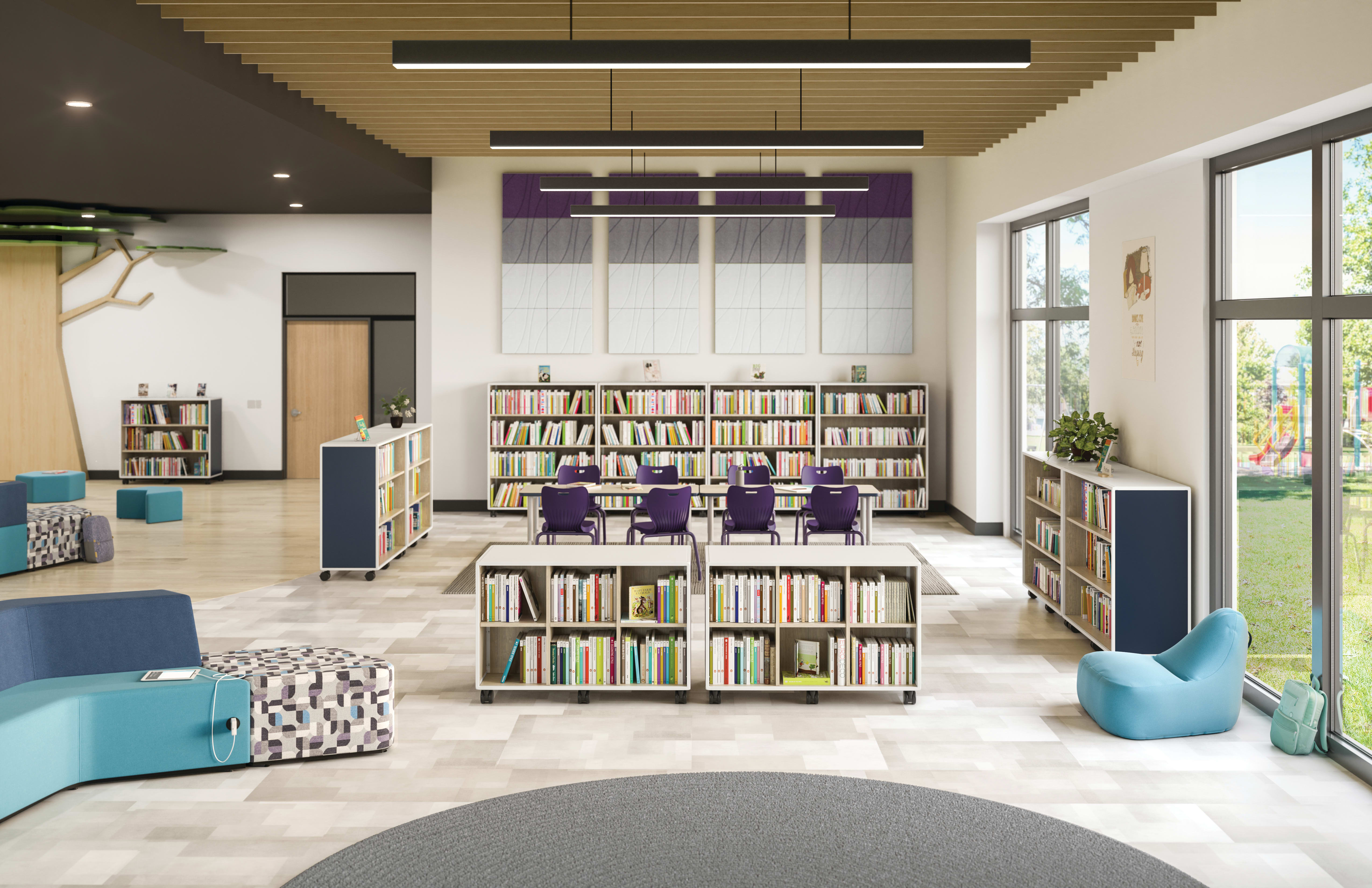 Class-ifi Storage with Confetti Floor Lounge and Tangram Seating.