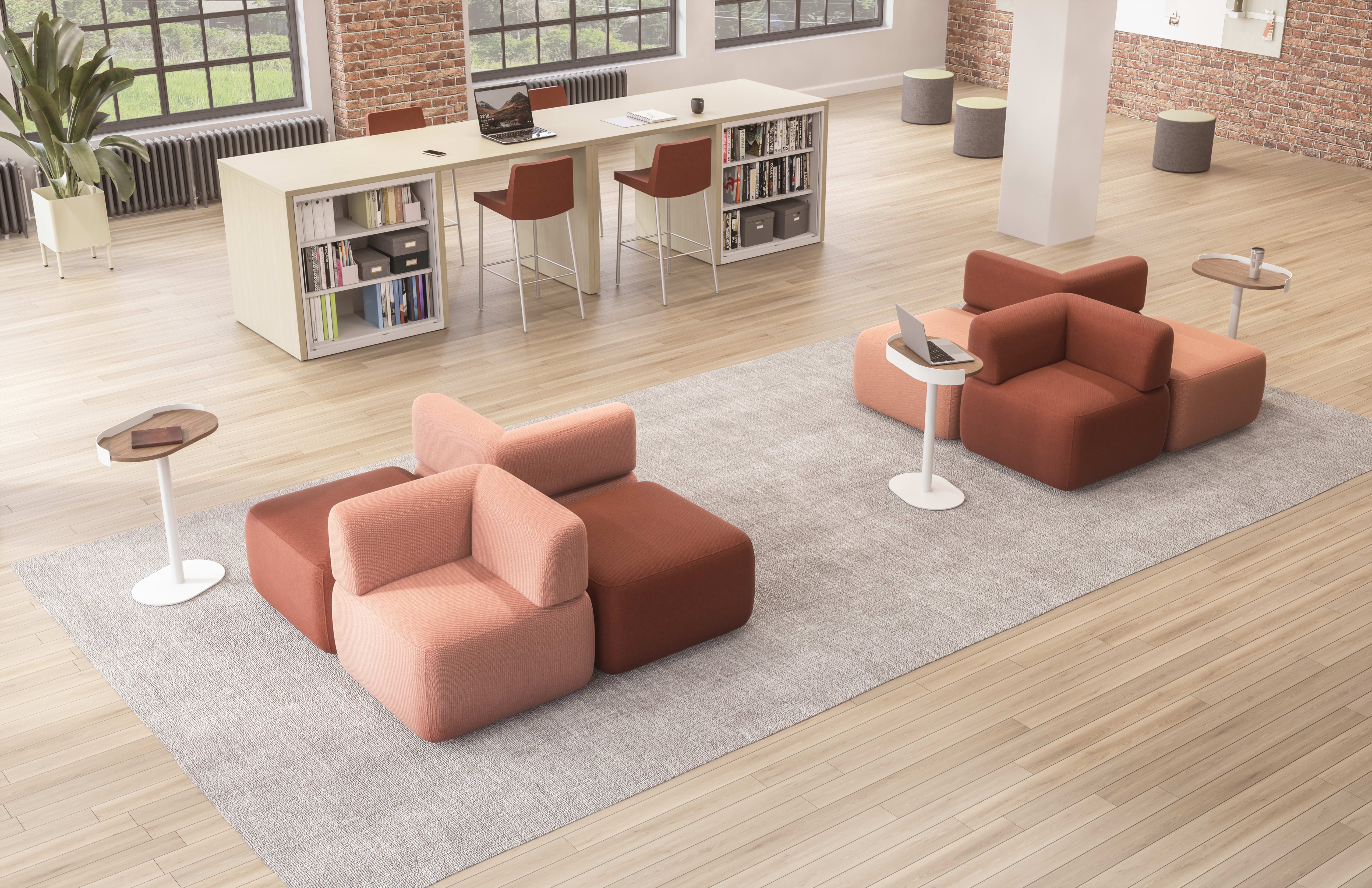 SoCo modular lounge in collaborative area with Sculpt personal tables & planter near Storage Island.