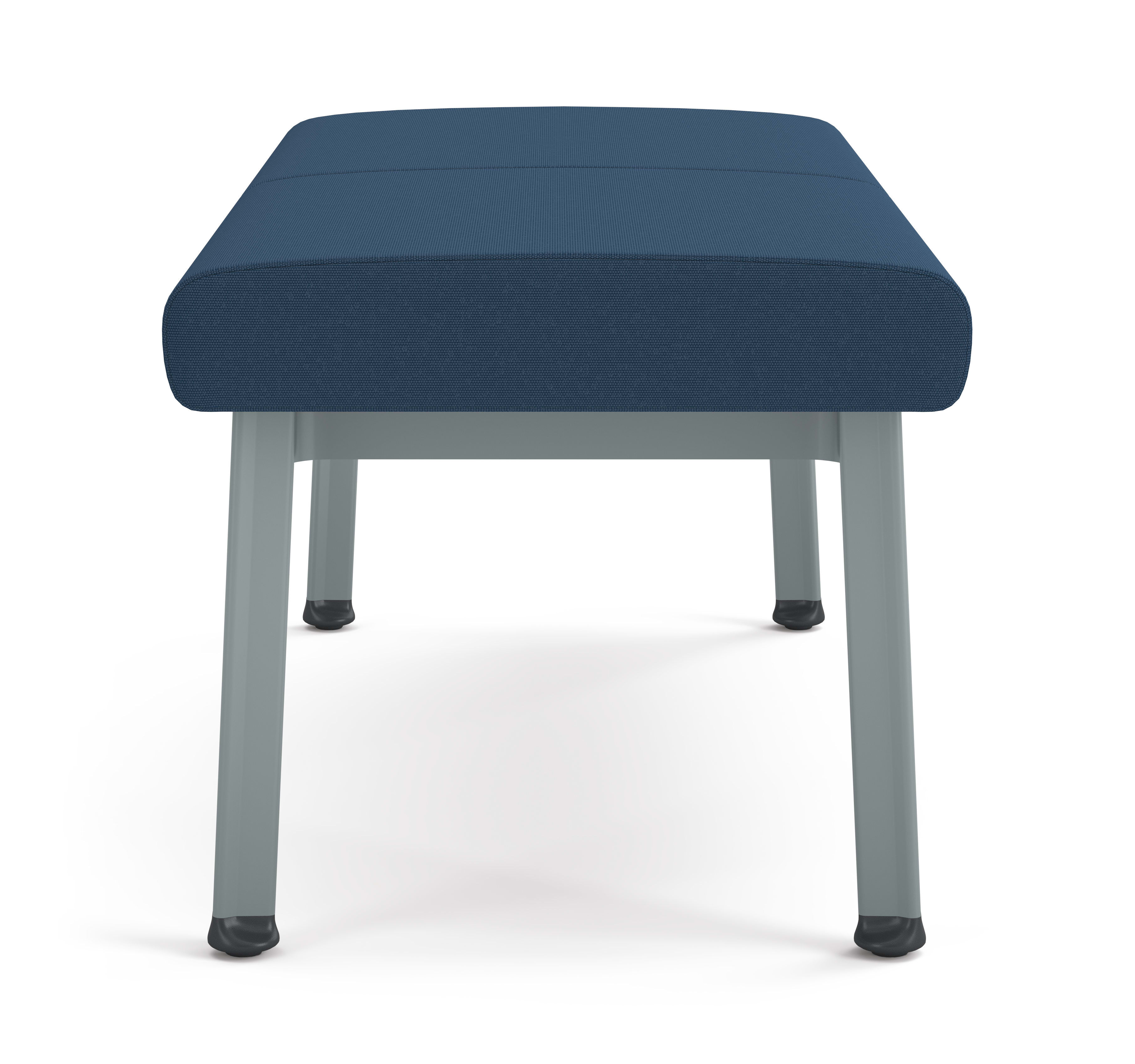 Modern two-seat bench with blue upholstered cushions and metal legs, designed for waiting areas or collaborative spaces