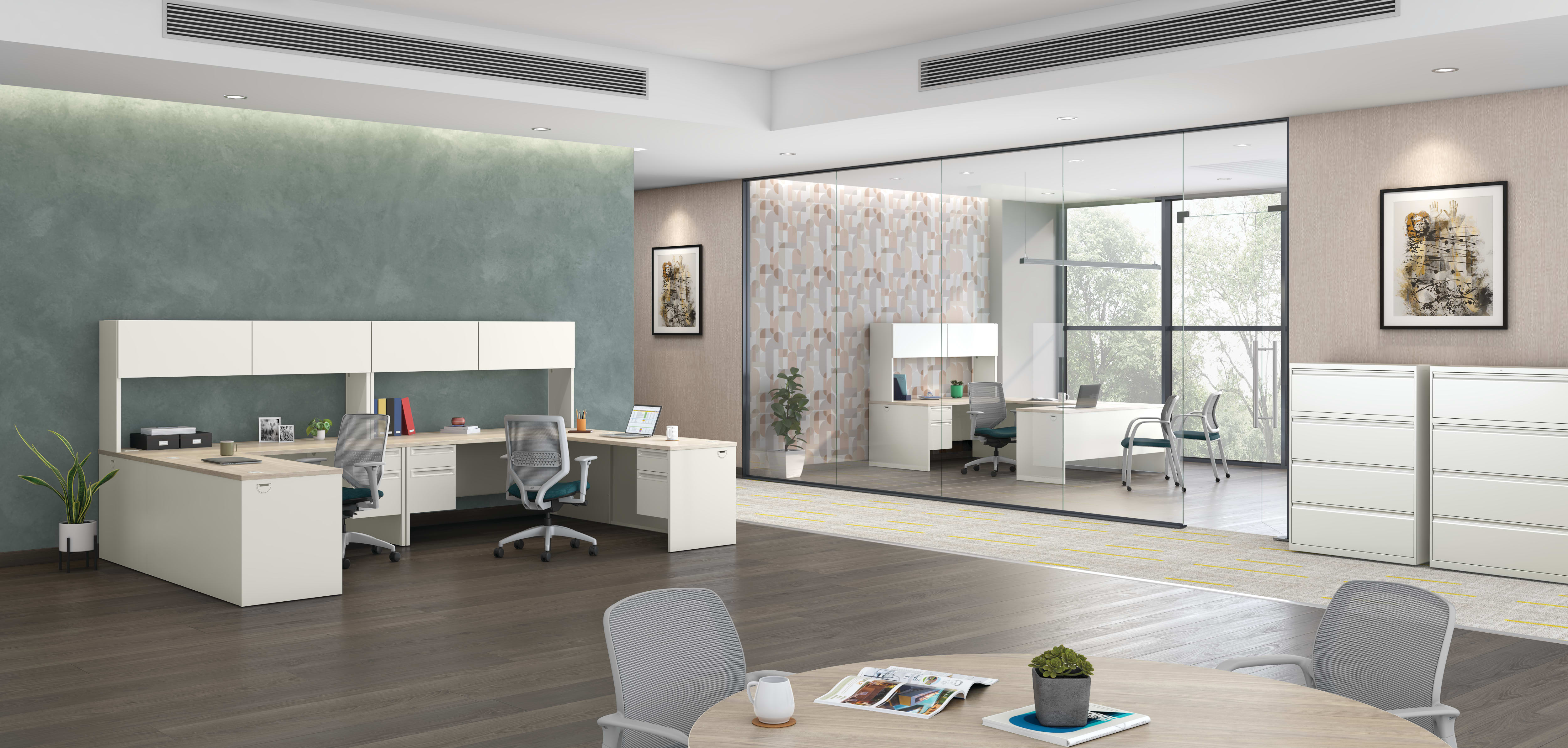 A modern and minimalist home office space with a white desk, shelves, and a large mirror on the wall, set against a backdrop of neutral-toned walls and floors.