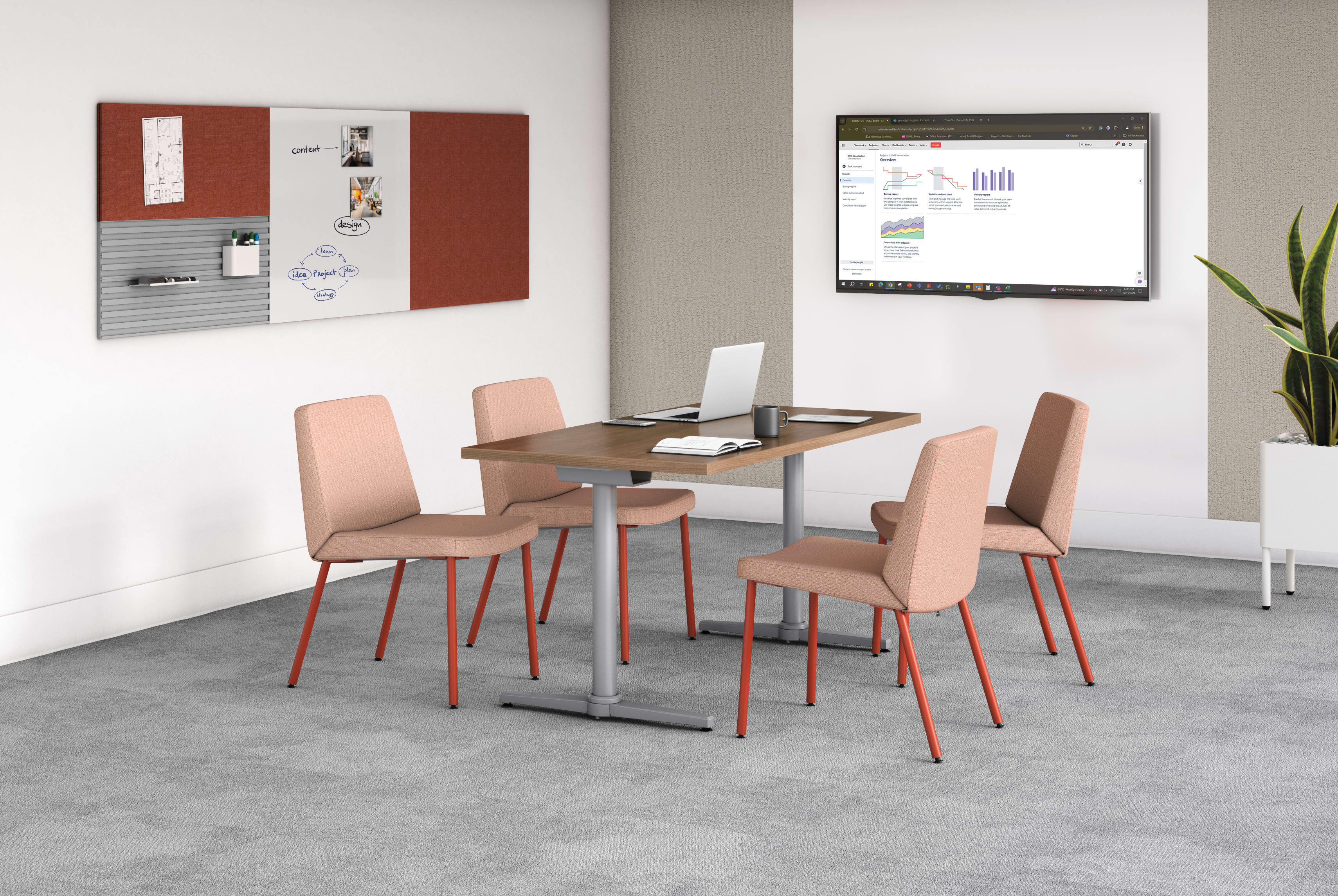 A modern and minimalist office space with a rectangular table, four pink chairs, a computer monitor, and various organizational and decorative elements on the walls.