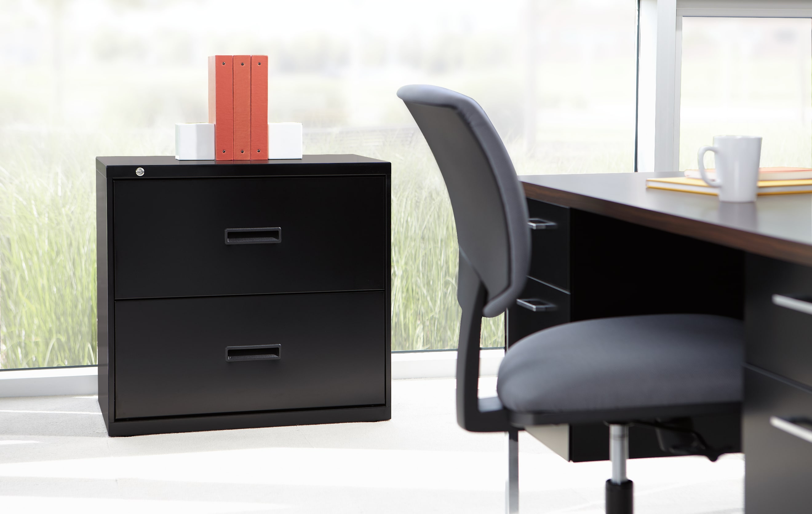 A black filing cabinet stands in the foreground, with a red folder on top, next to a swivel chair in front of a large window overlooking a grassy outdoor scene.