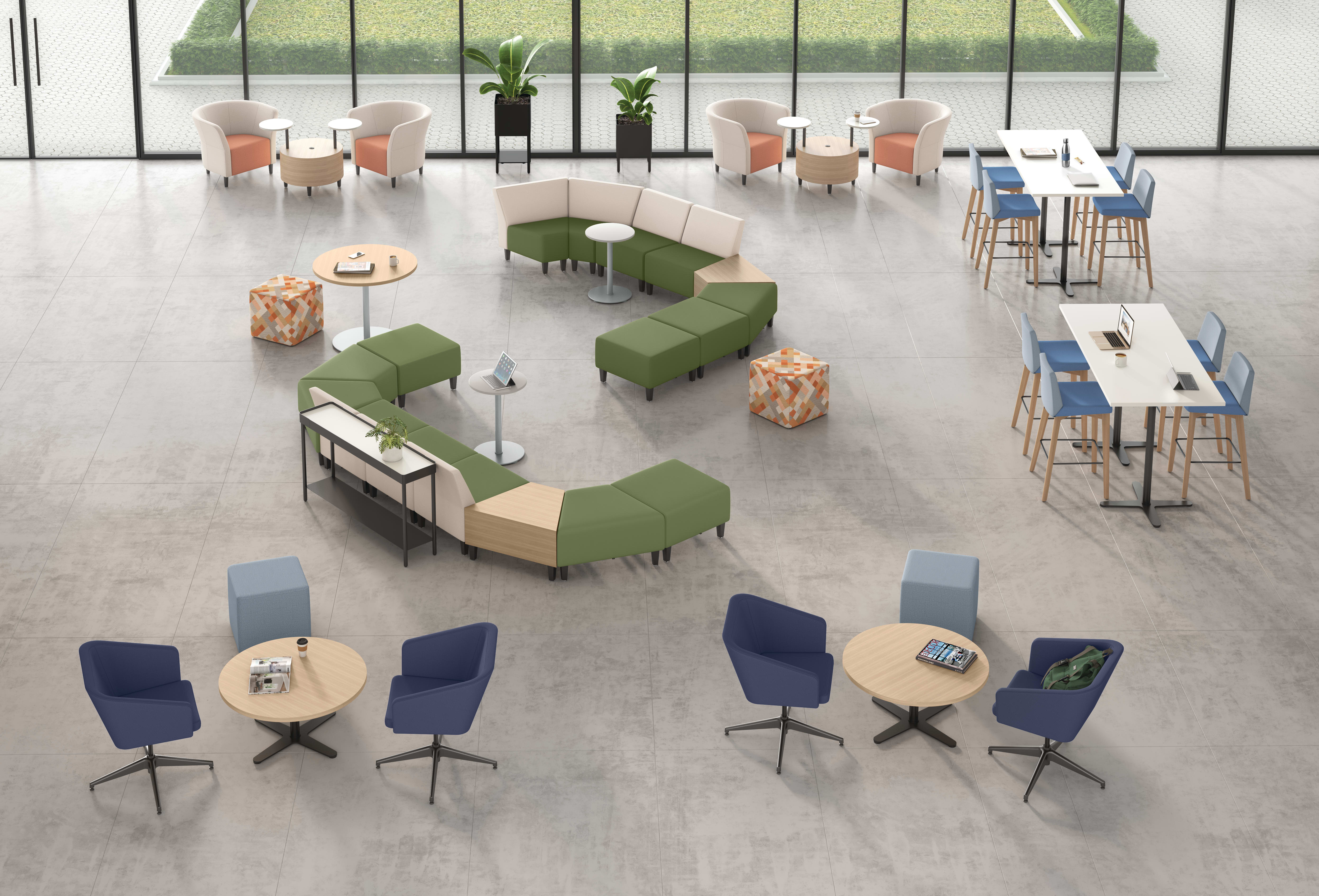 Bird's eye view of Flock seating and tables with sculpt planters in an open space.