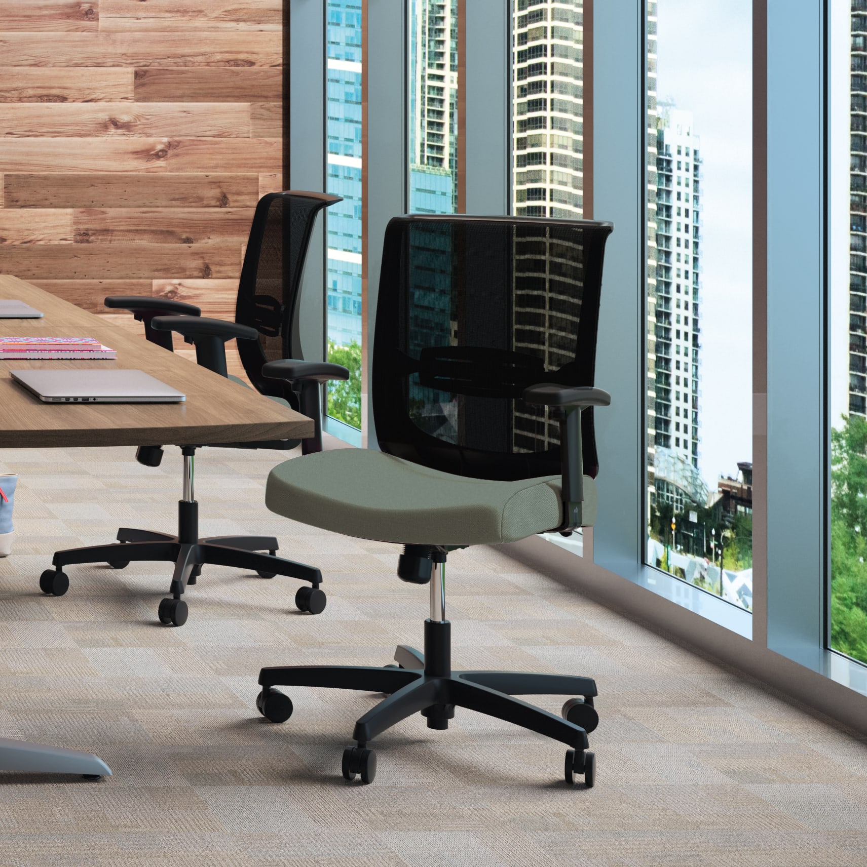 A modern and well-designed office space with wooden wall panels, shelves filled with various items, and a large window overlooking a cityscape.