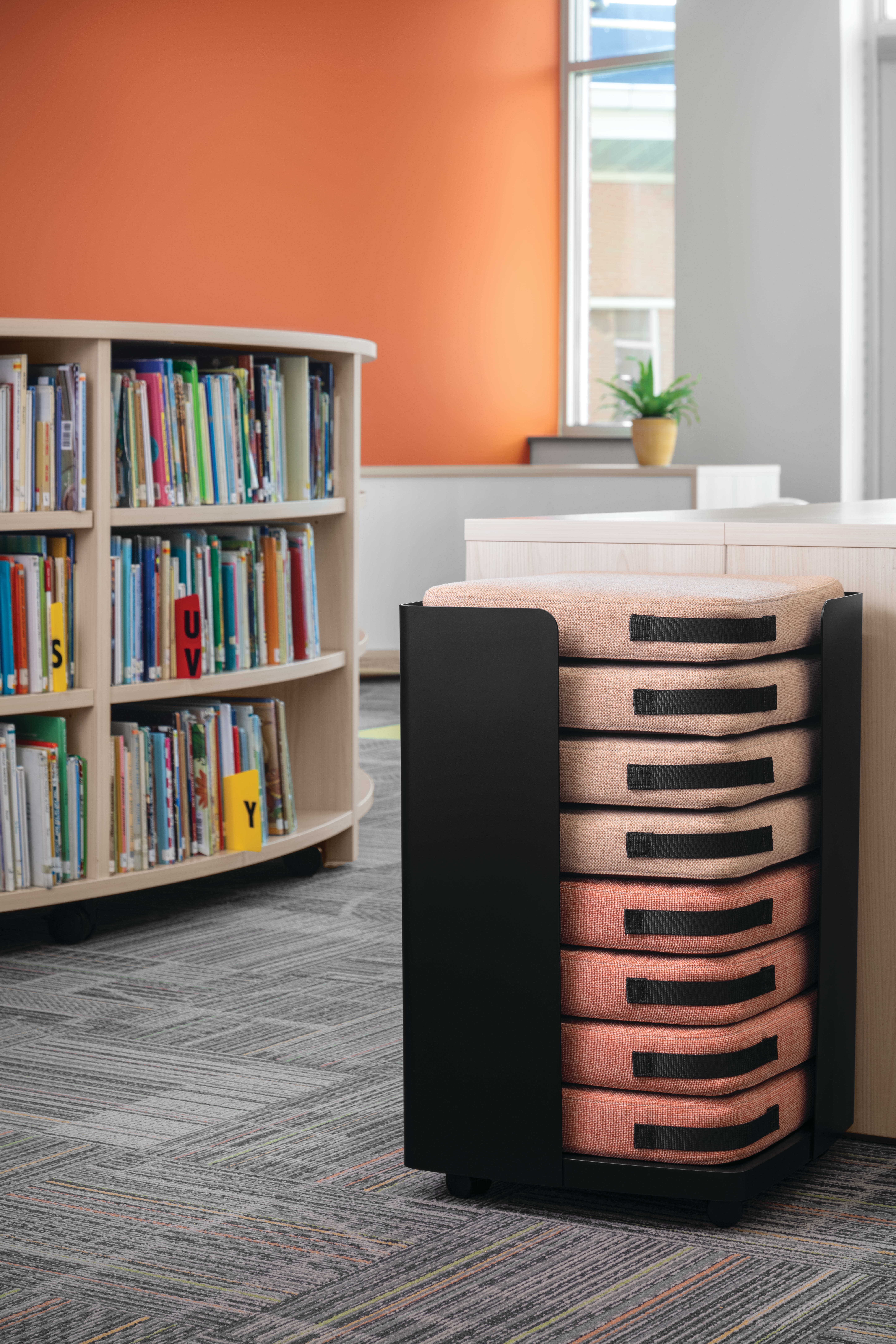 Storyline Bookcases with Confetti Floor Cushions.
