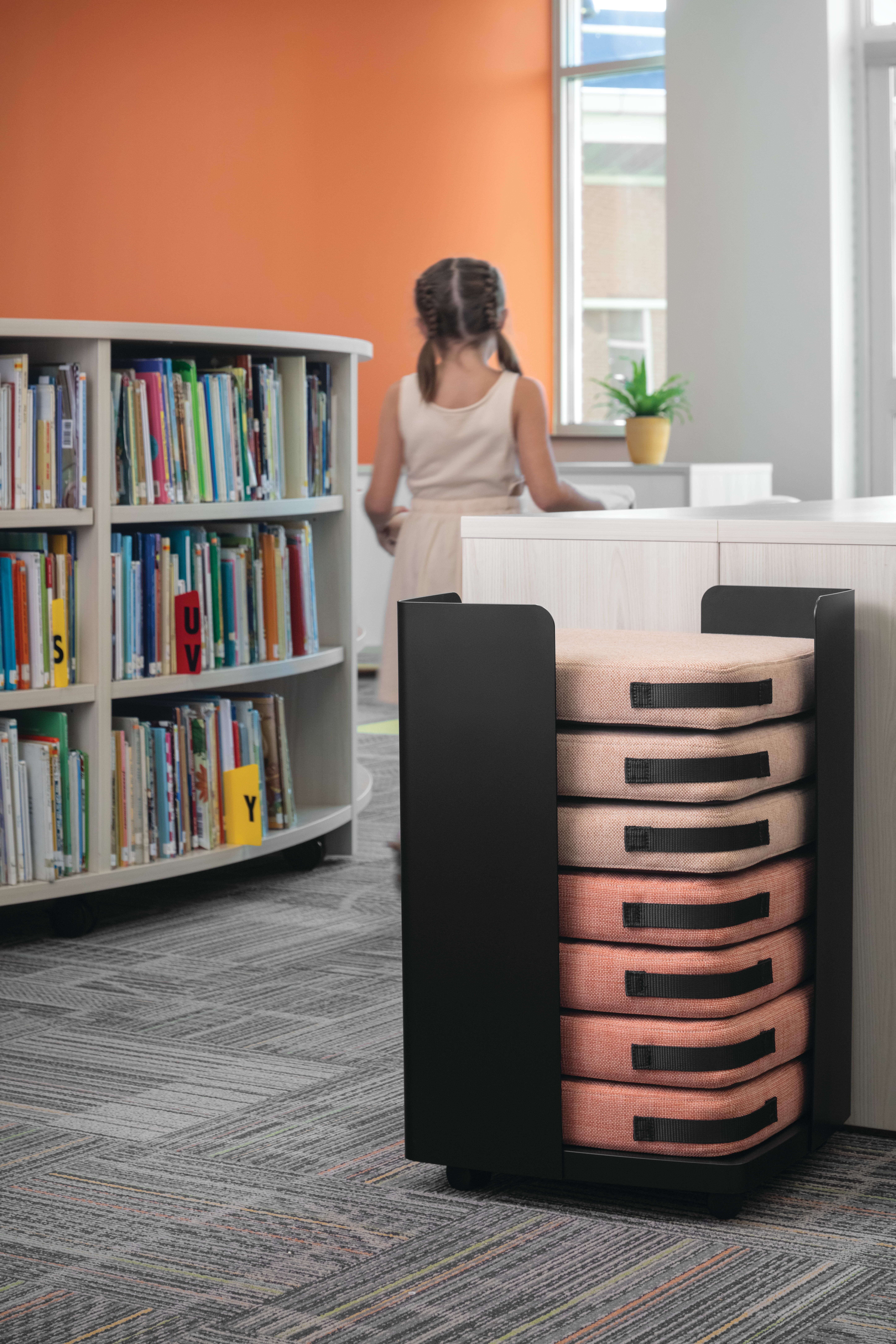Storyline Bookcases with Confetti Floor Cushions.
