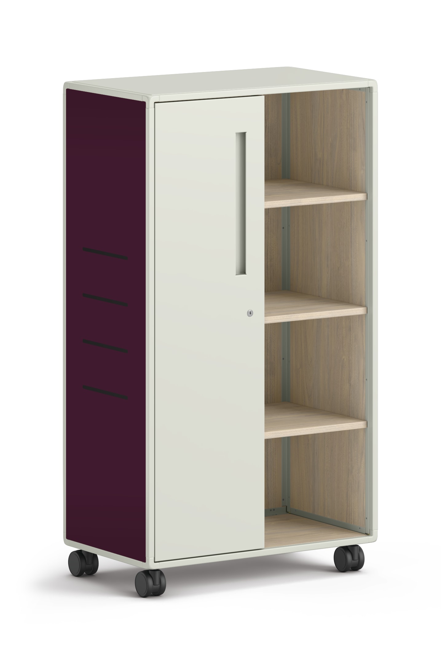 Tall mobile storage unit with open shelves and single door in white and plum finish.