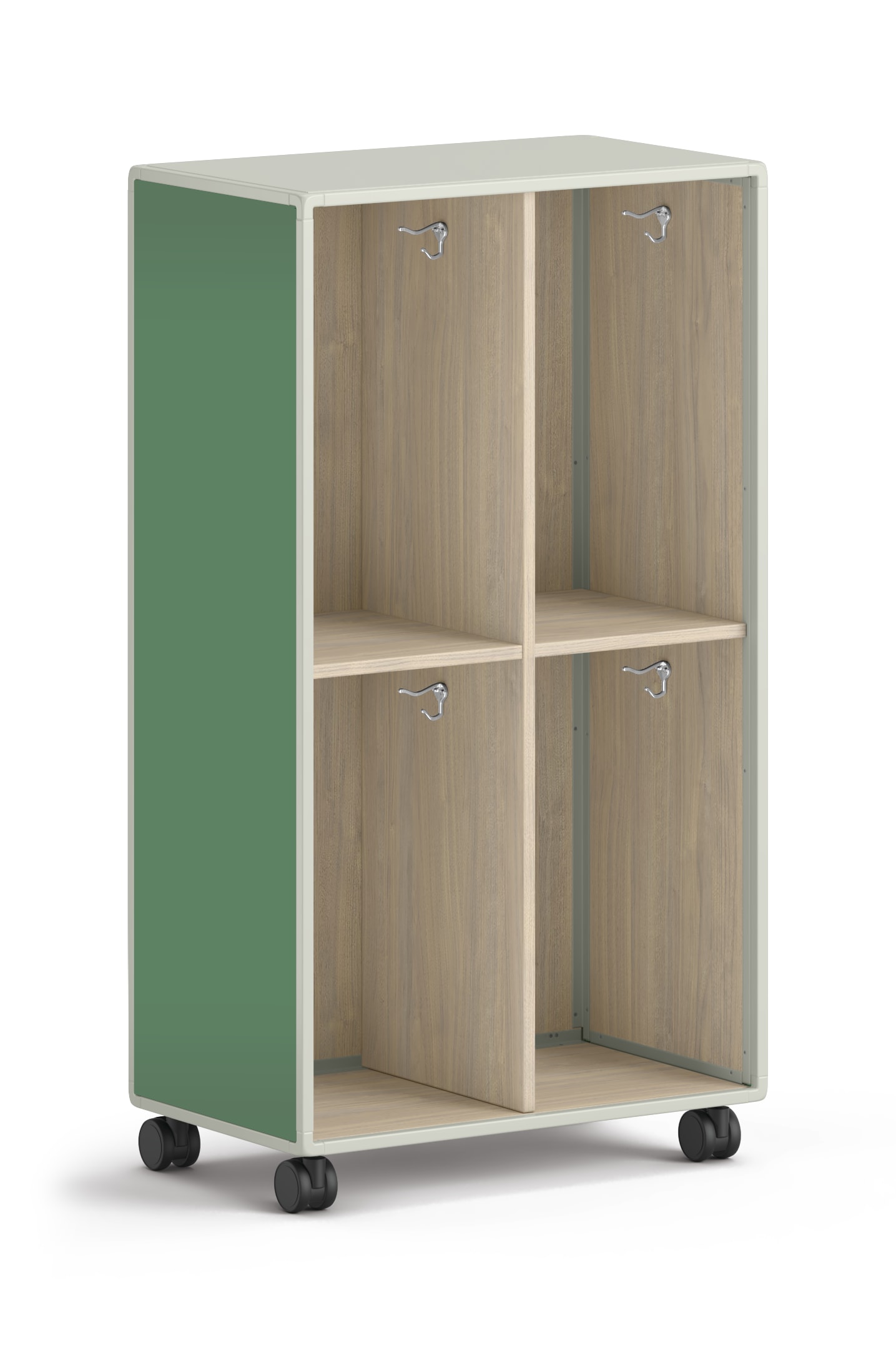 Tall mobile storage unit with four square cubbies and green side panels.