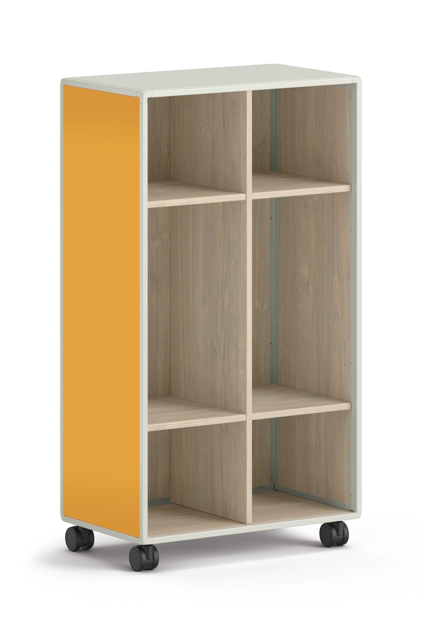 Small mobile storage unit with four square cubbies and two locker cubbies and orange side panels.