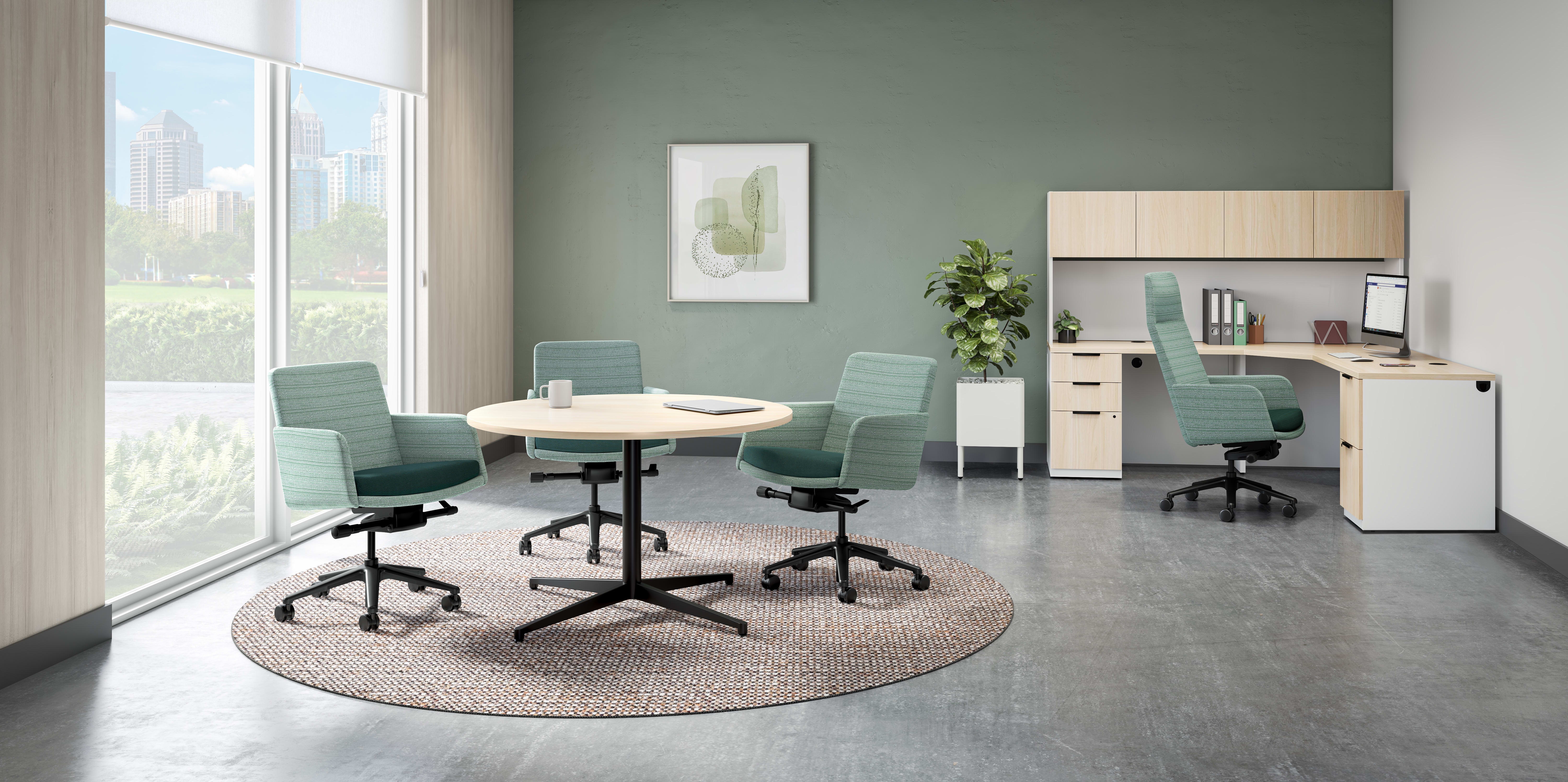 A modern and minimalist office space with a round table, swivel chairs, and a large window overlooking a cityscape.