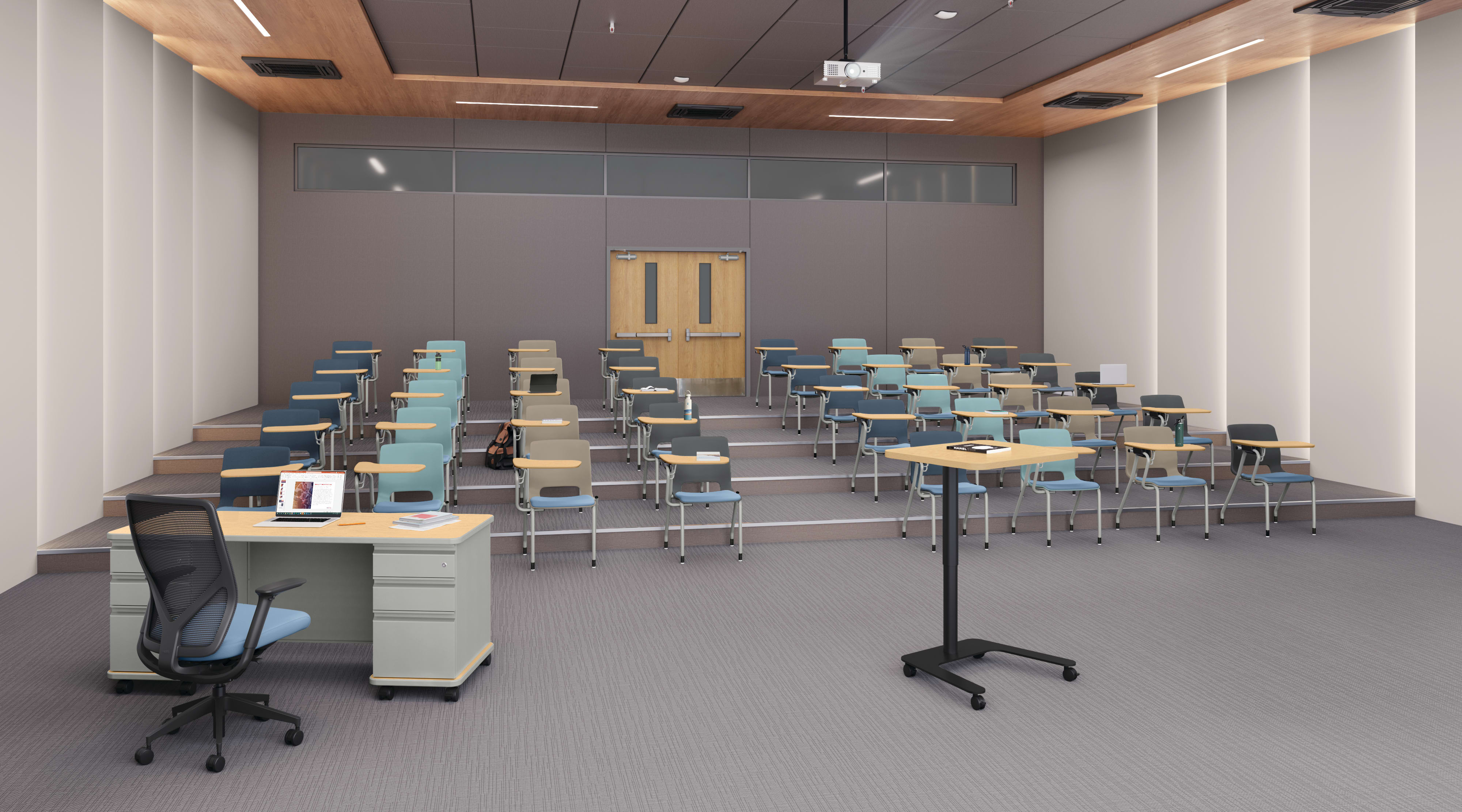 A classroom setting featuring Motivate chairs with tablet arms and SmartLink teacher desk.