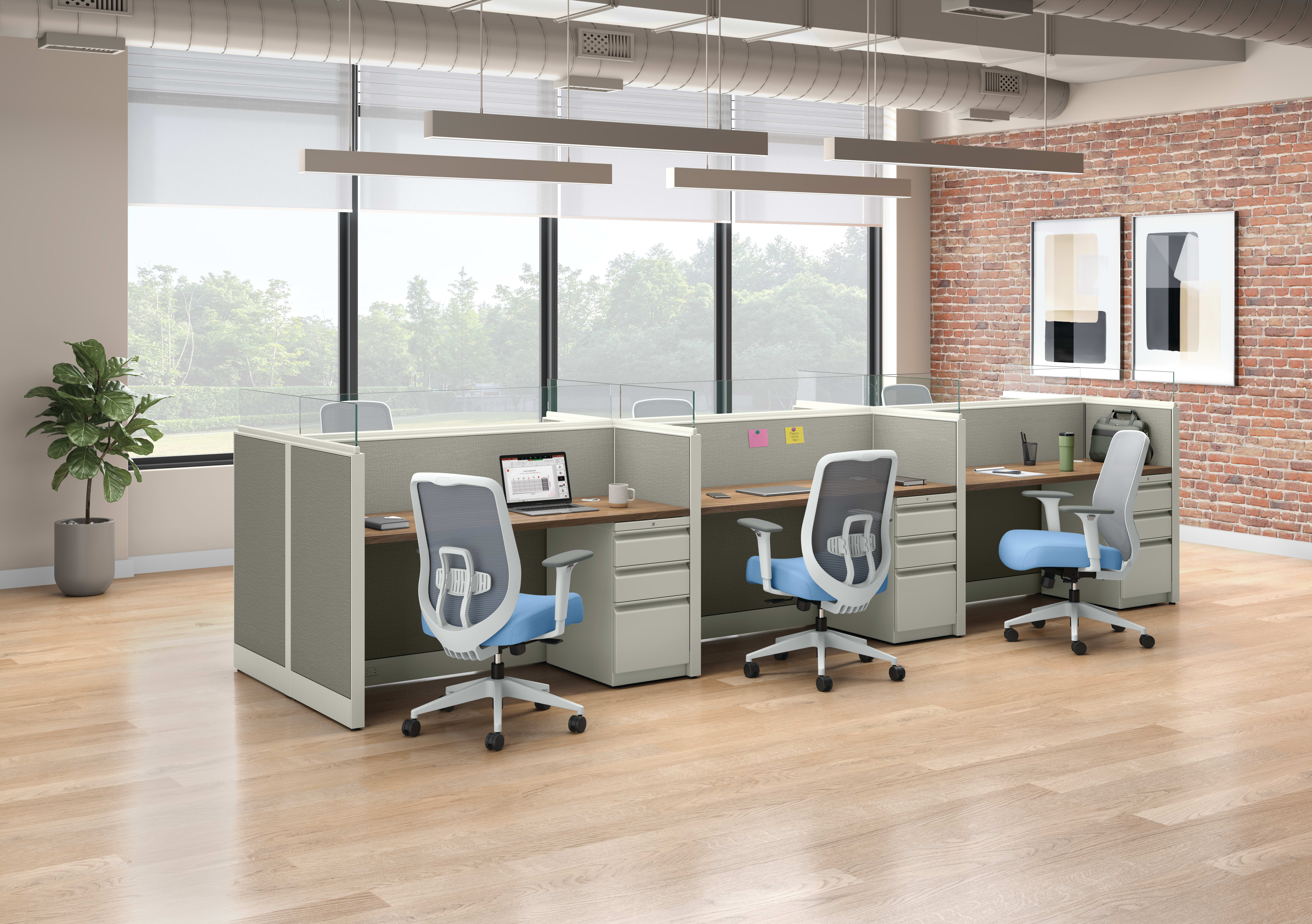 6 pack of cubicles with Altern task chairs in a blue seat fabric