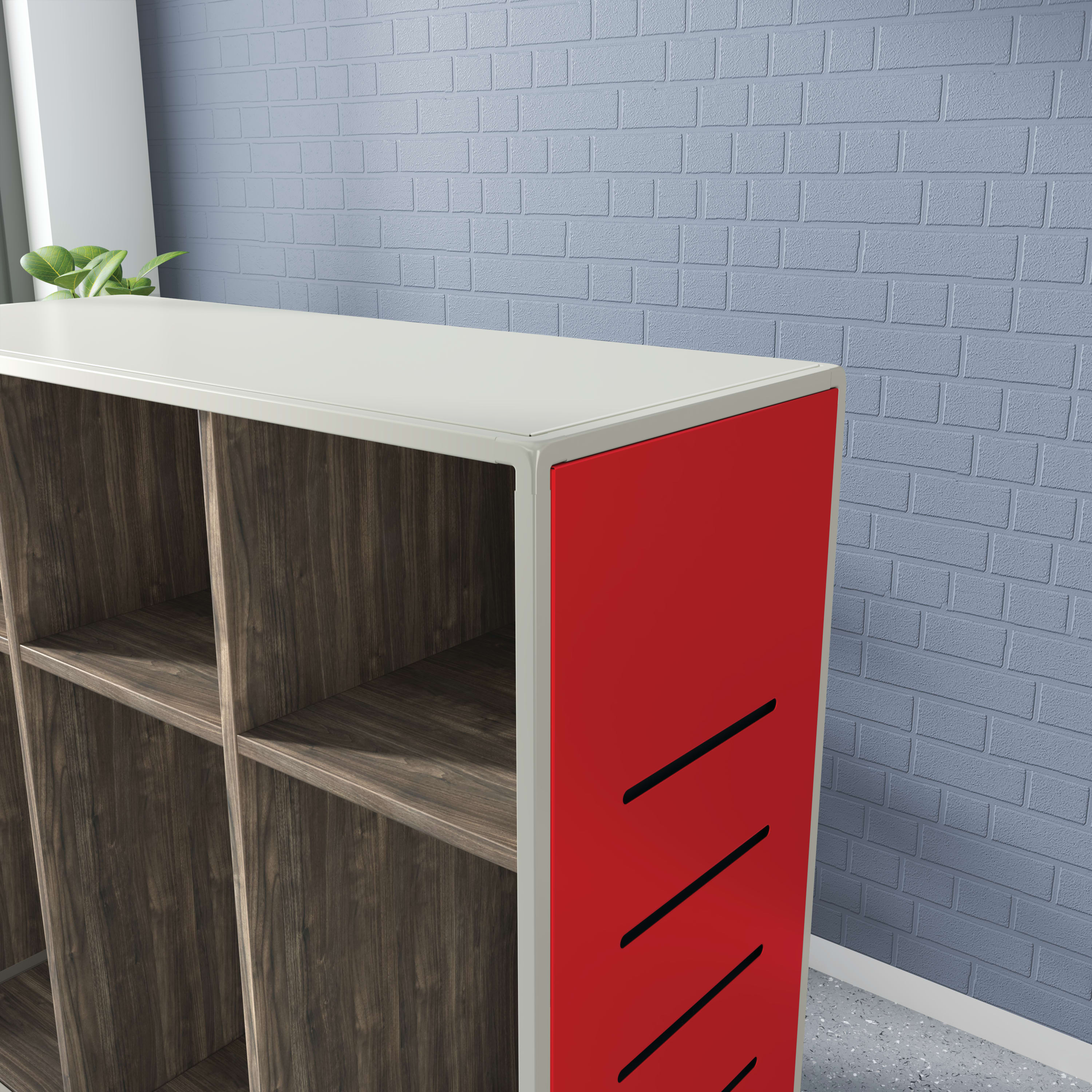 Class-ifi top-right corner of open combo unit which features slotted end panel.