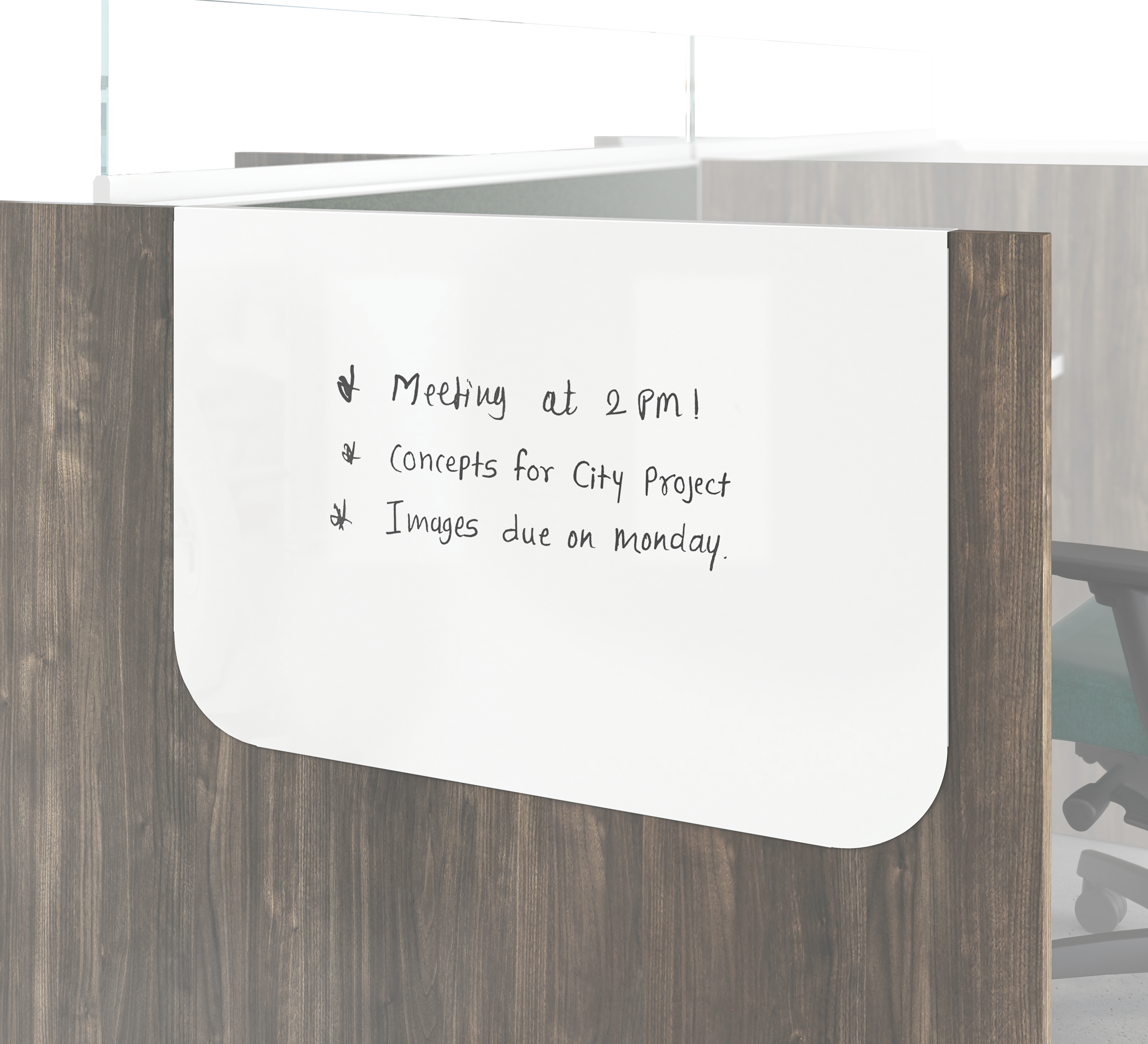 Gallery panel hanging markerboard on the end of a workstation.