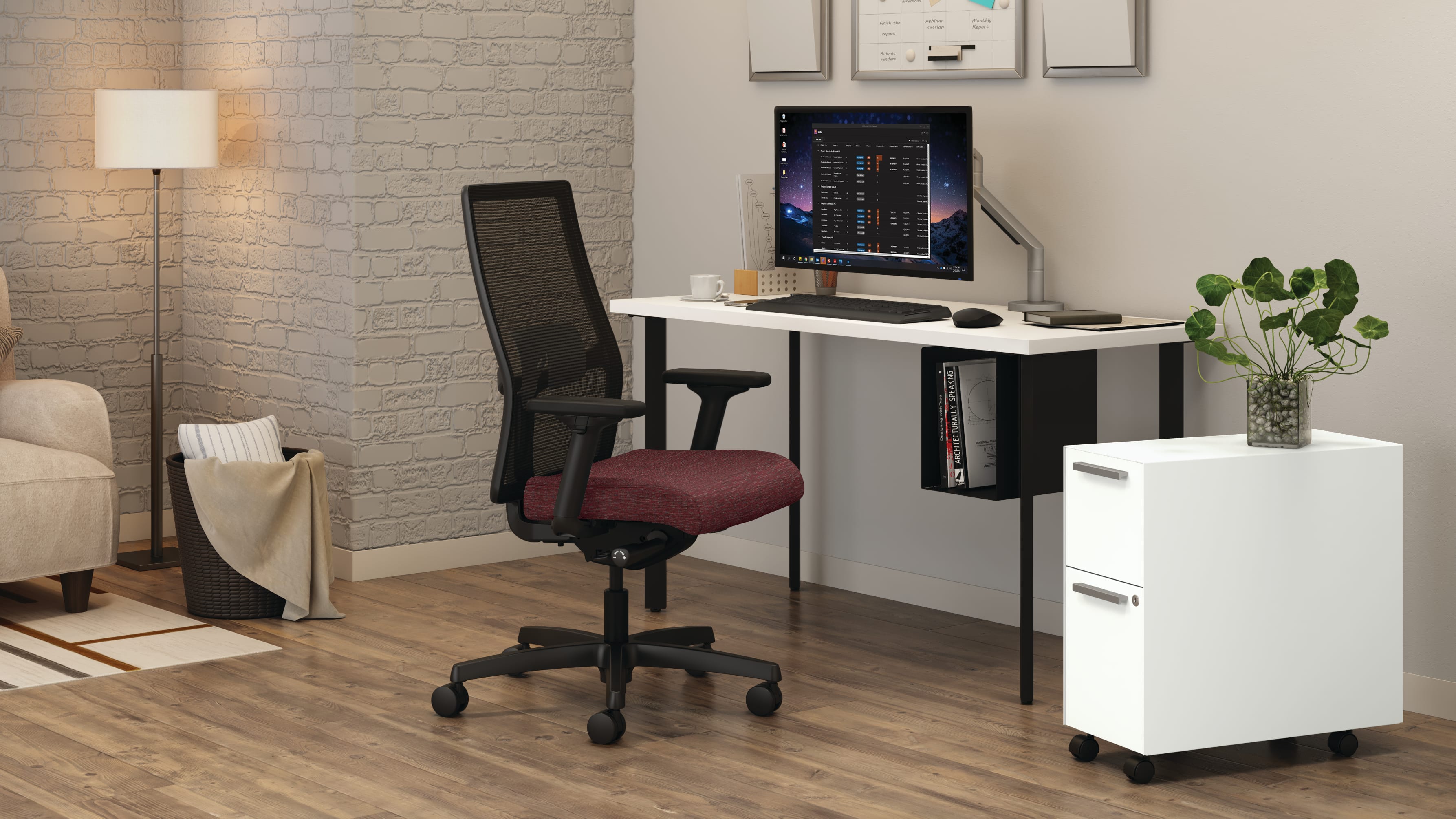 Coze Table Desk with U-Storage, Fuse Slim Mobile Pedestal and Ignition Task Chair.