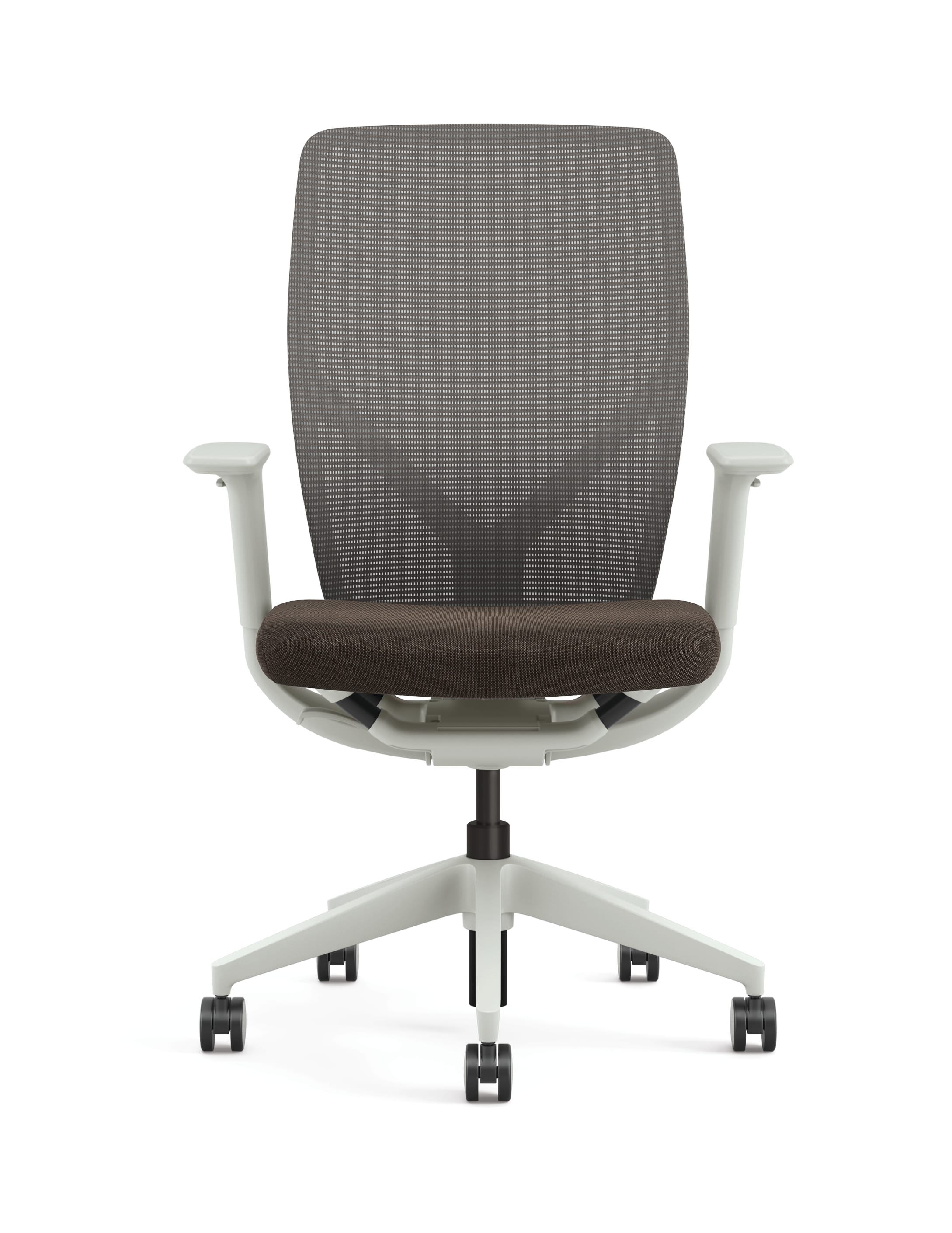 Front view of HON Flexion chair with Brown seat fabric and Salt frame.
