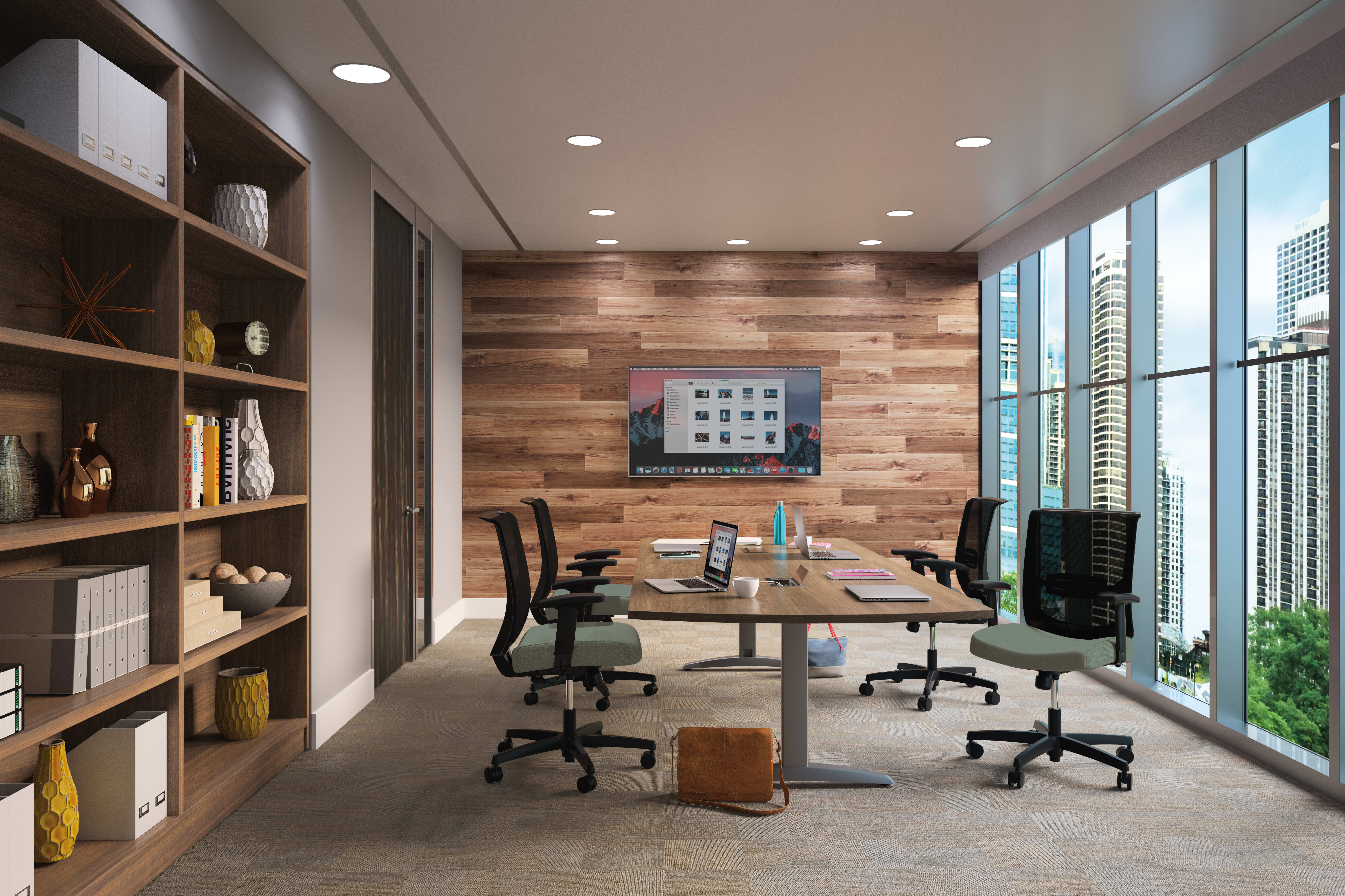 A modern and well-designed office space with wooden wall panels, shelves filled with various items, and a large window overlooking a cityscape.