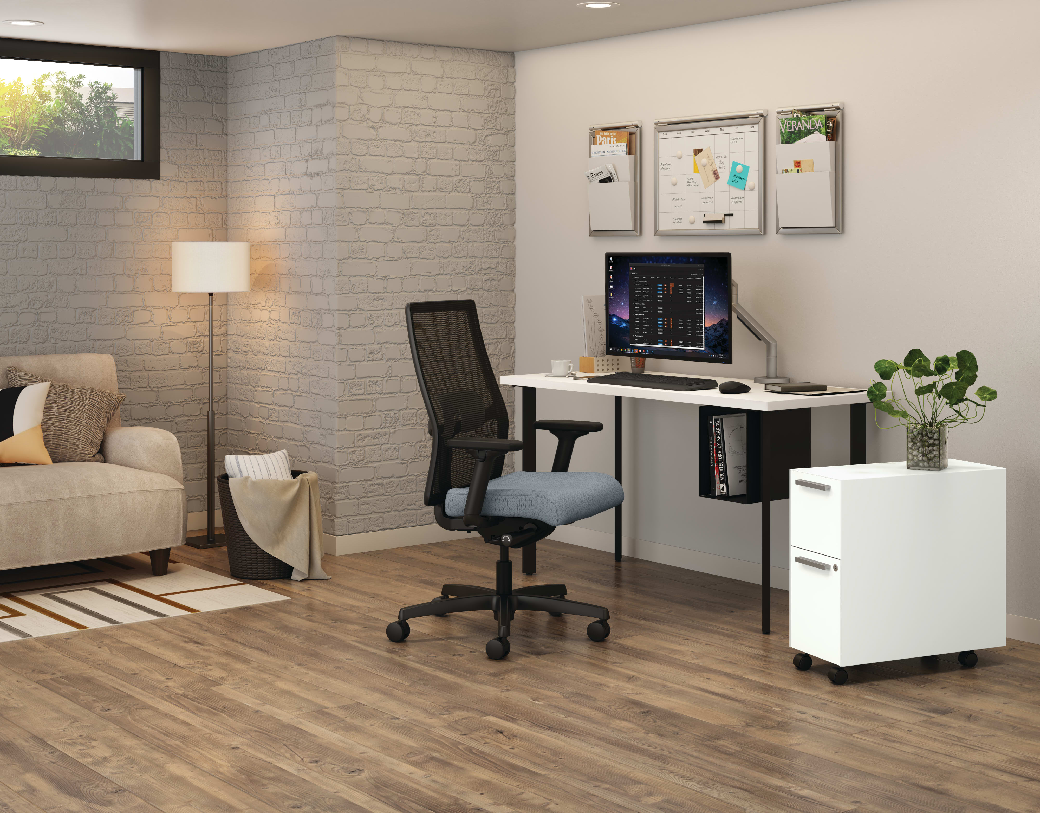 Coze Table Desk with U-Storage, Fuse Slim Mobile Pedestal and Ignition Task Chair.