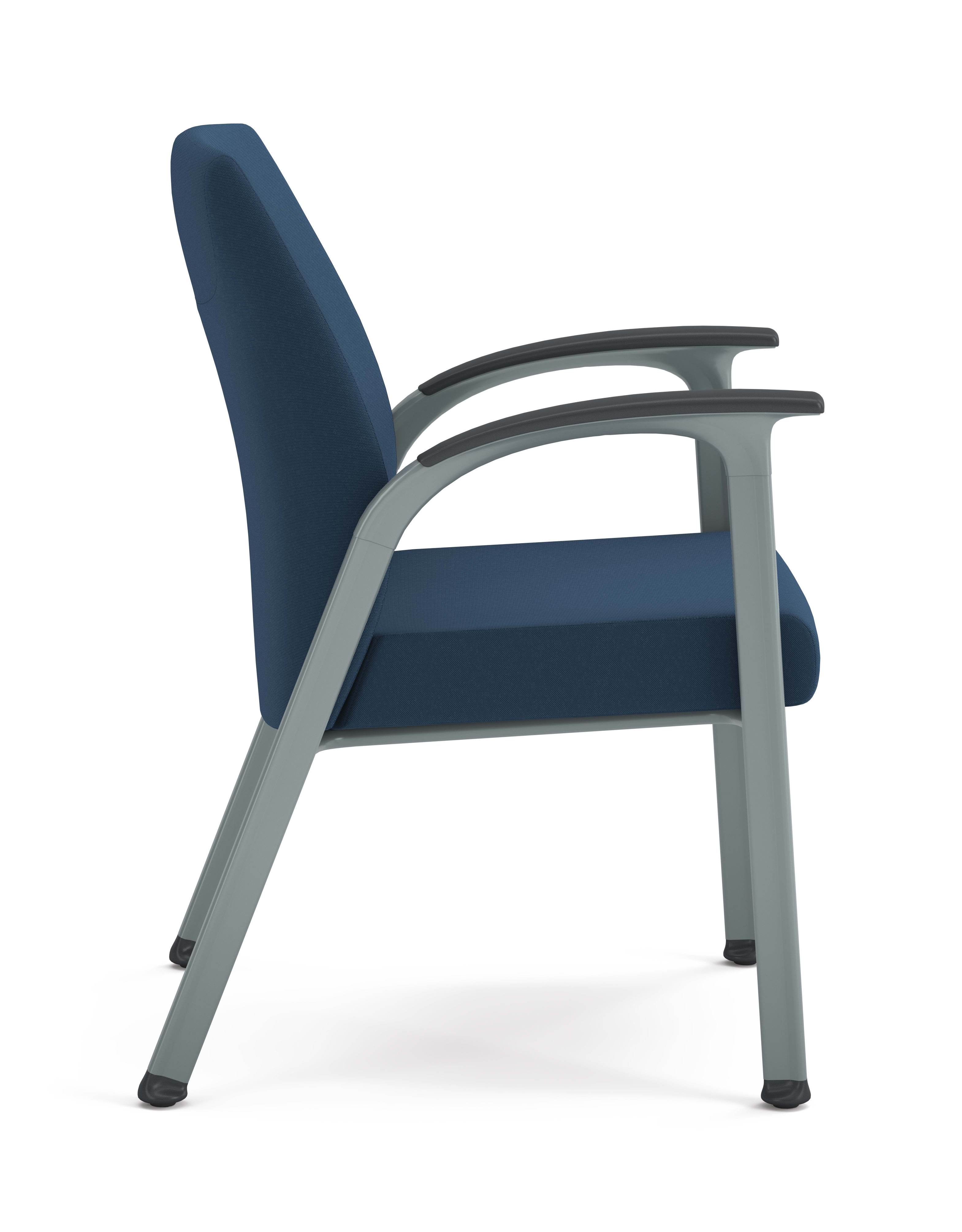 Blue cushioned guest chair with textured fabric, metal frame, and integrated armrests, designed for modern office or waiting areas.