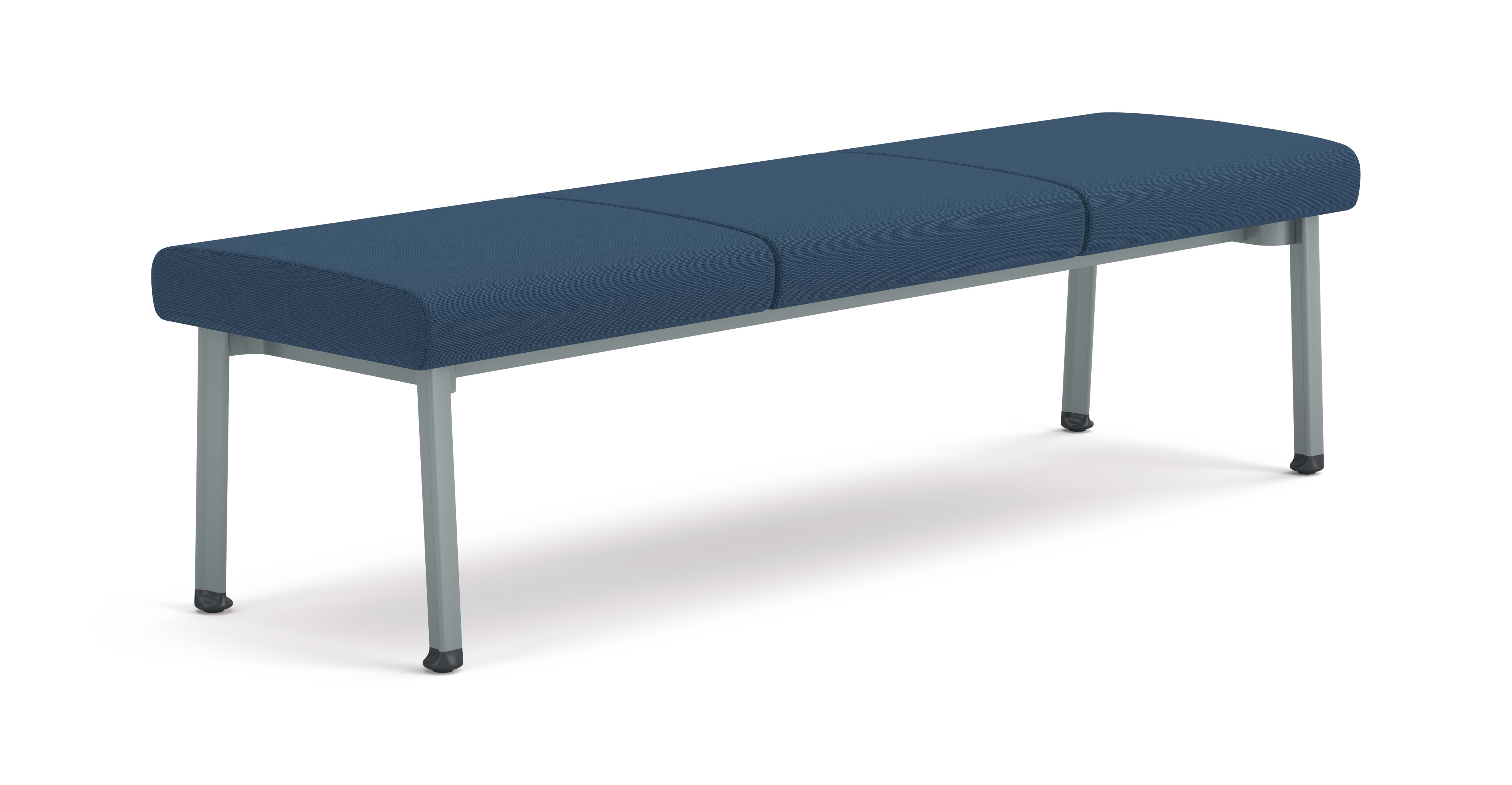 Modern Three-seat bench with blue upholstered cushions and metal legs, designed for waiting areas or collaborative spaces