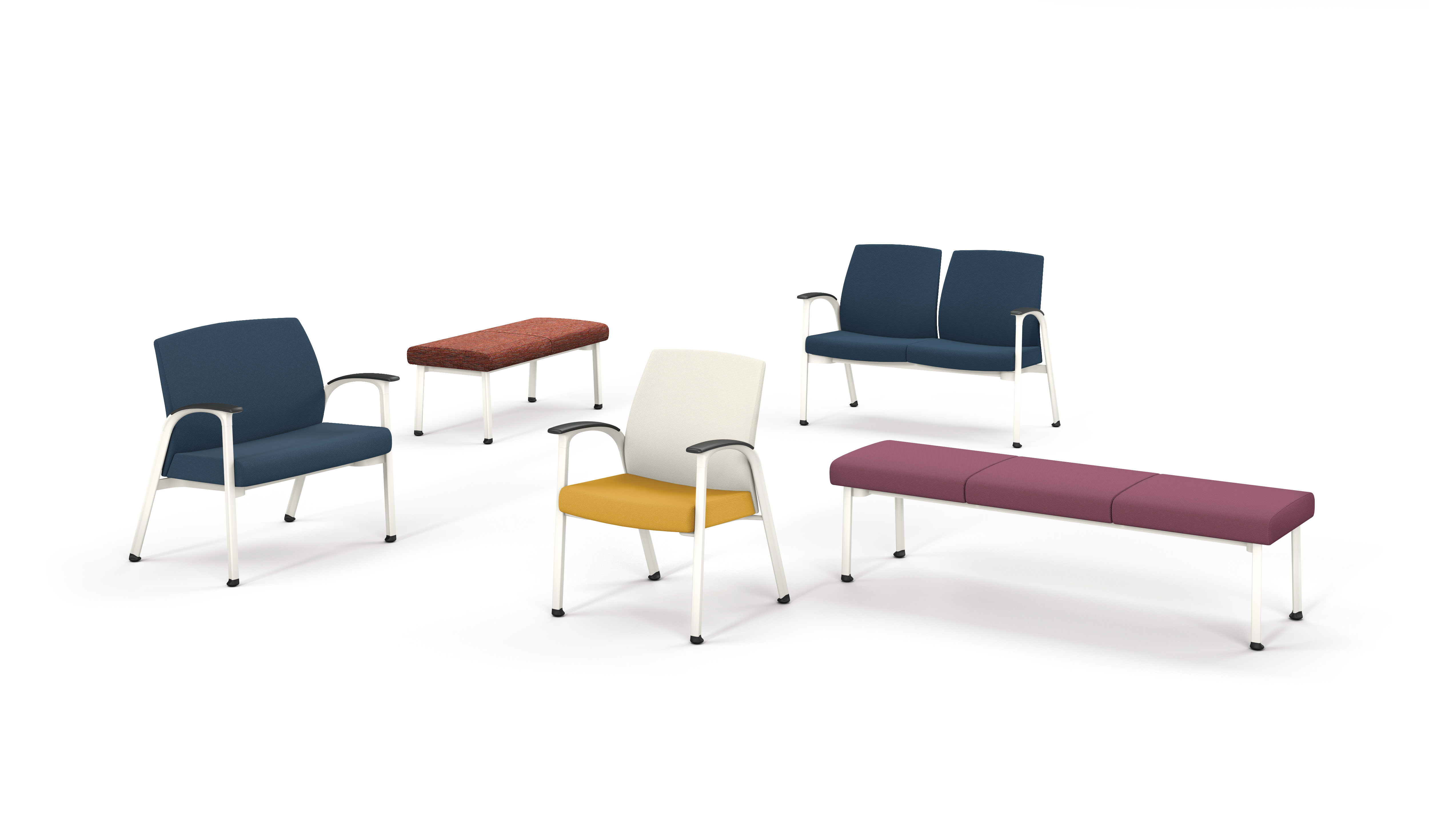 Modern seating arrangement featuring upholstered chairs and benches in blue, yellow, cream, maroon, and rust tones with metal frames