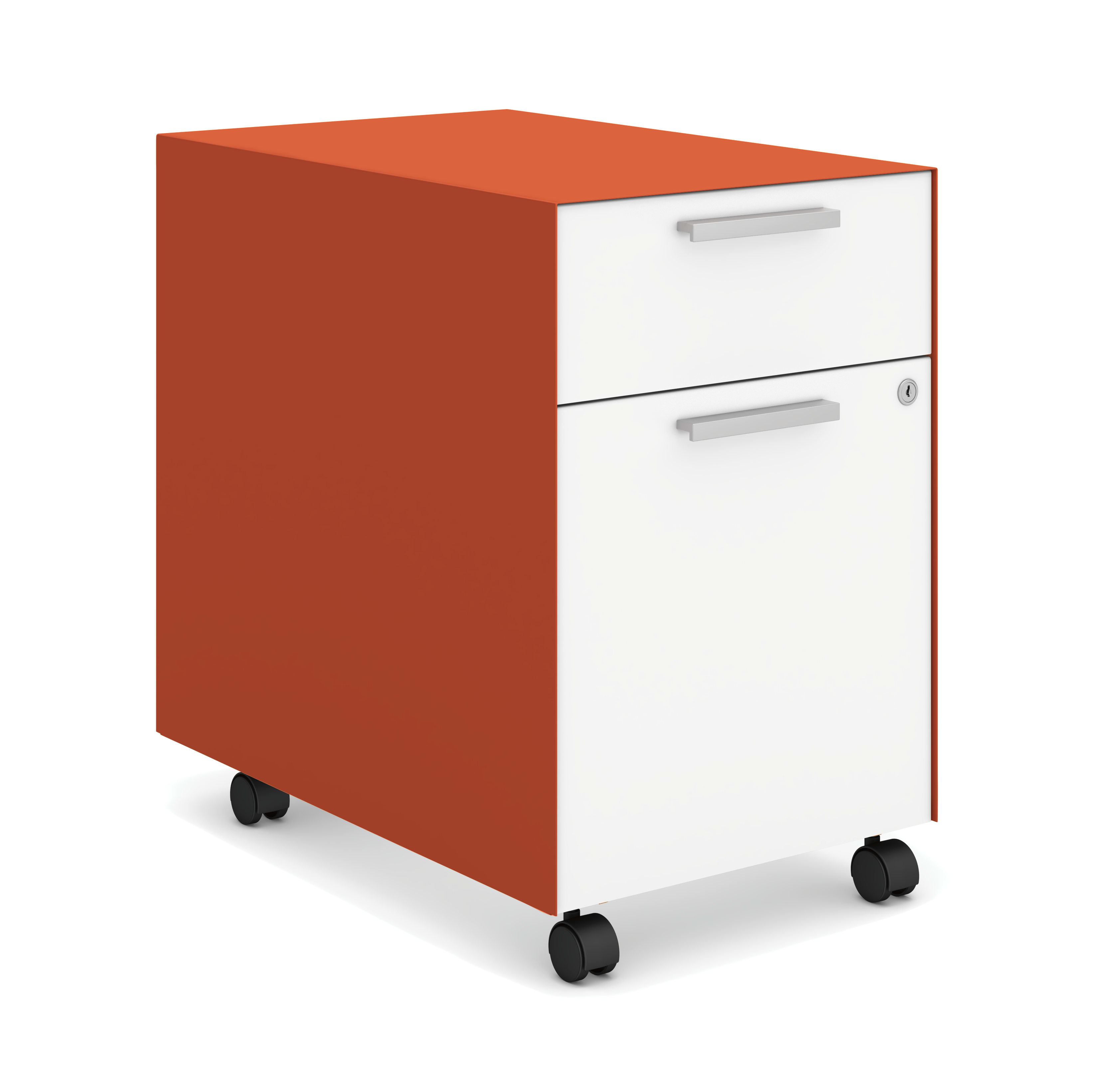 A bright orange filing cabinet with two drawers and white accents, sitting on casters against a plain white background.