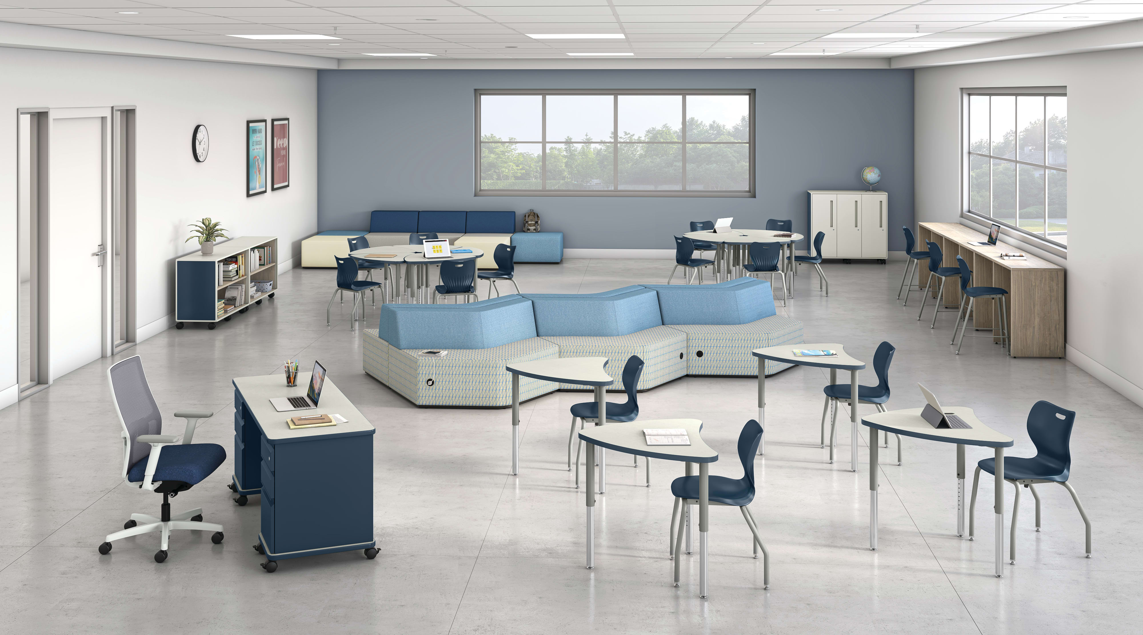 Study hall classroom with Build student desks, blue SmartLink chairs, and soft seating.