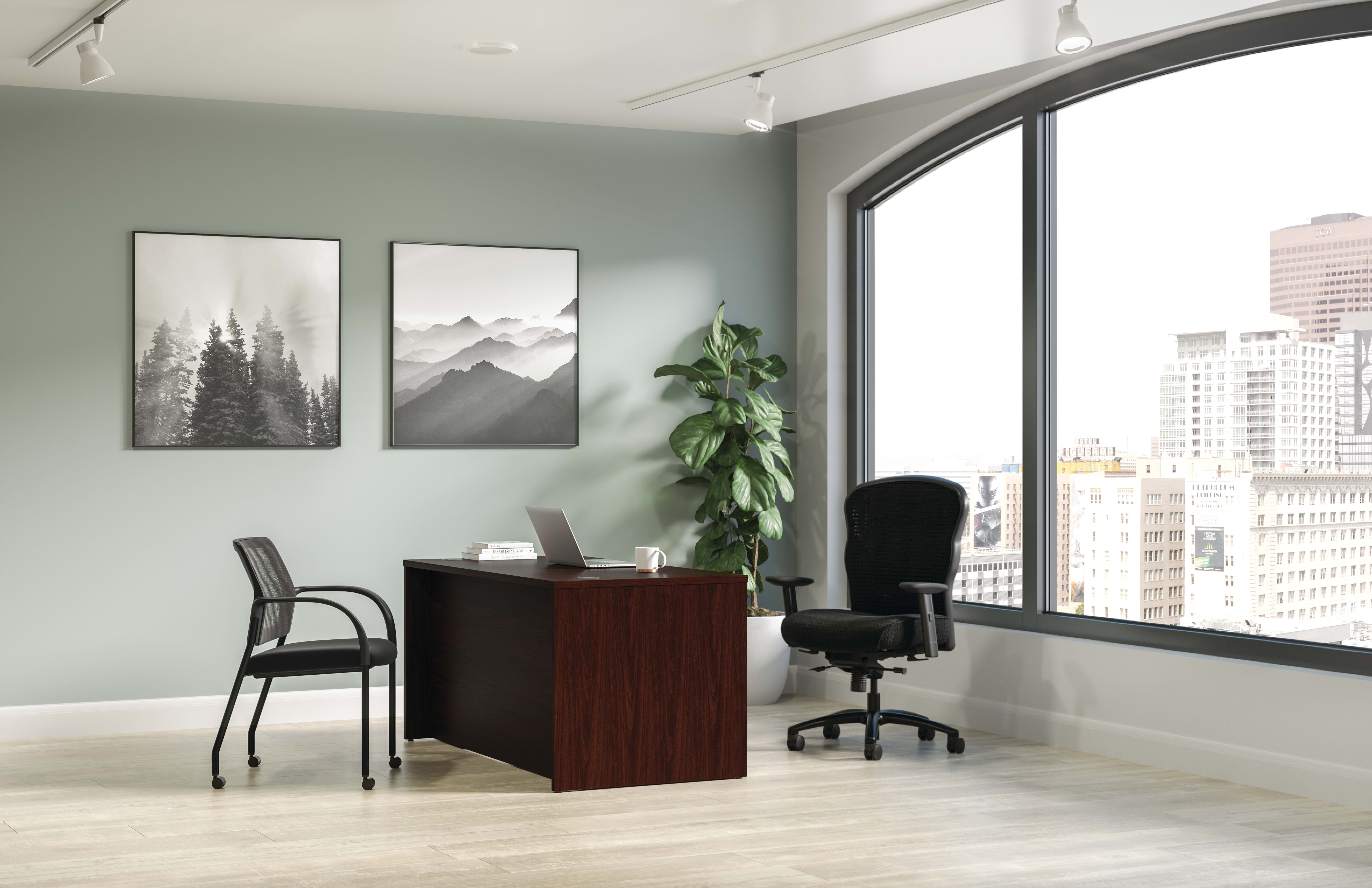 Mod desk in Traditional Mahogany with Wave big & tall chair and Ignition seating