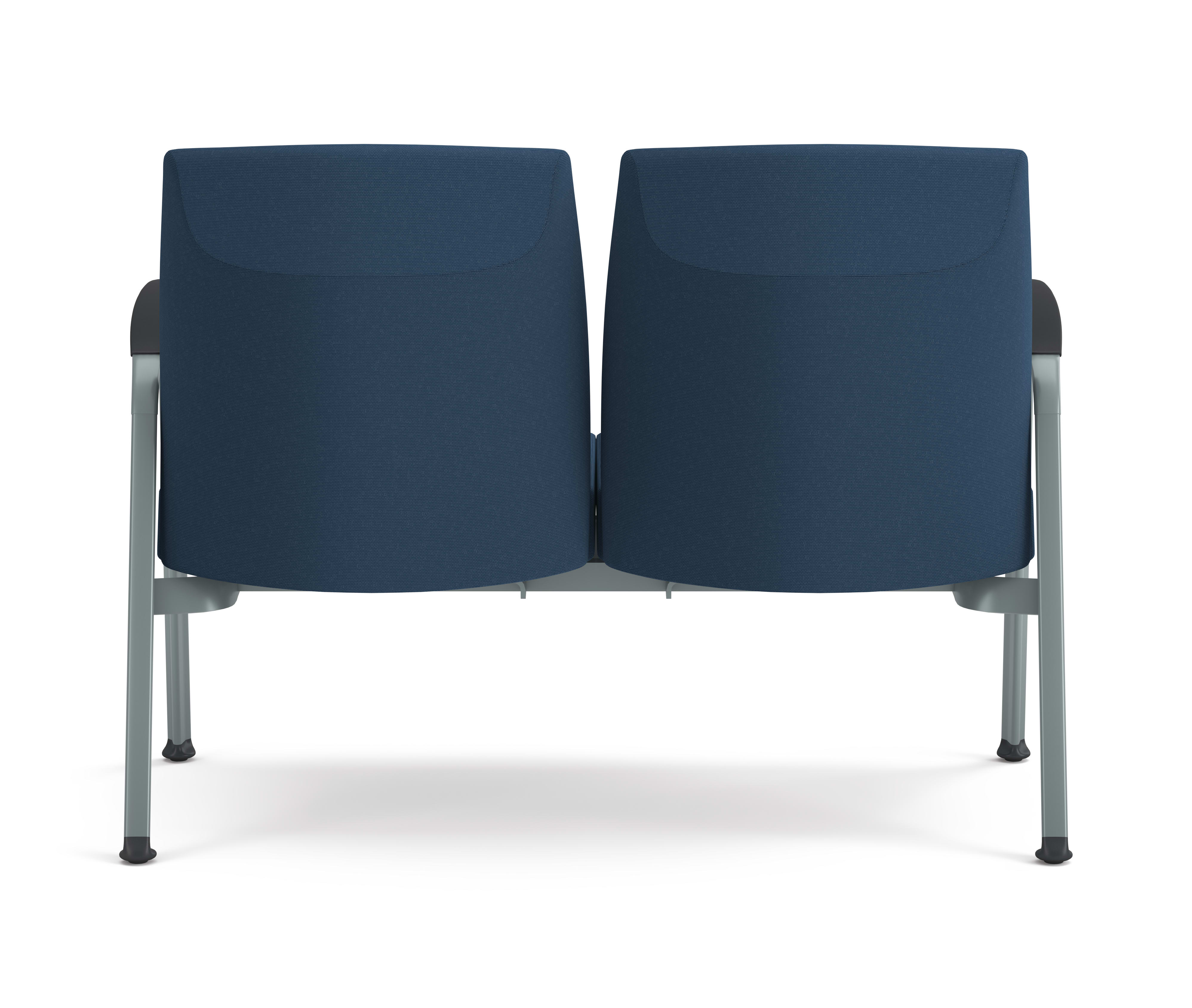 Two-seat guest chair with blue textured cushions, metal frame, and integrated armrests, designed for modern office or waiting areas.