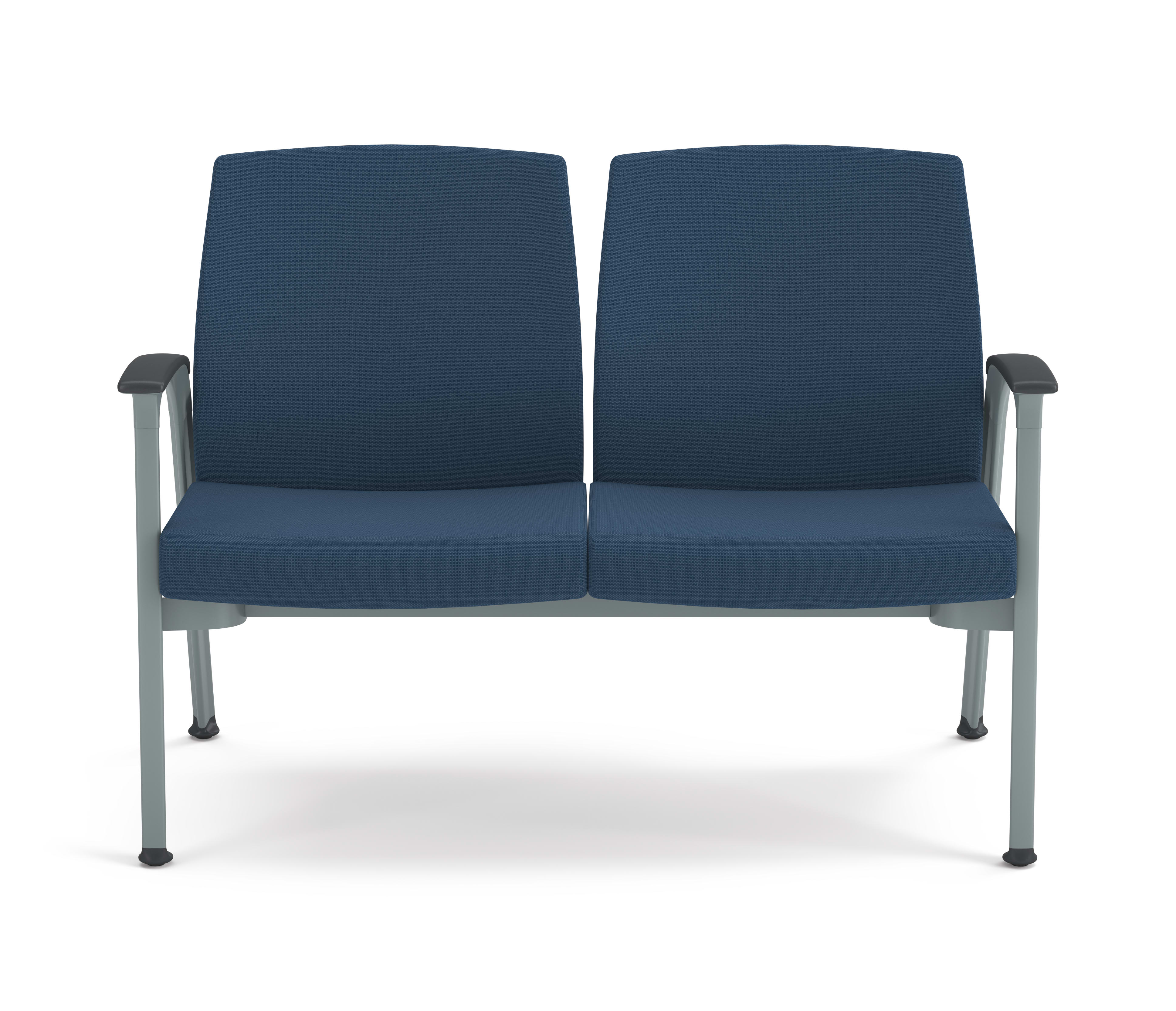 Two-seat guest chair with blue textured cushions, metal frame, and integrated armrests, designed for modern office or waiting areas.
