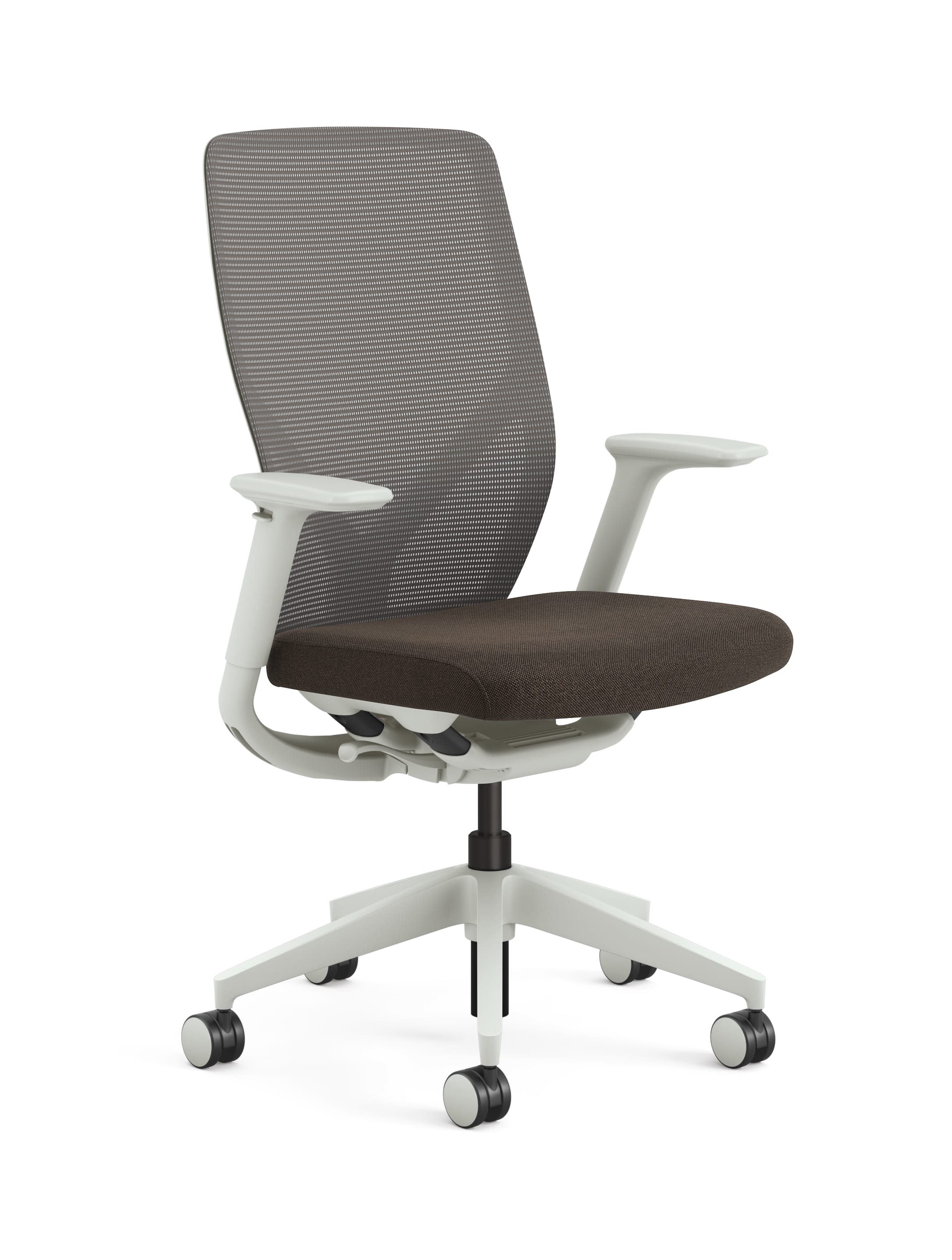 Right 3/4 view of HON Flexion chair with Brown seat fabric and Salt frame.