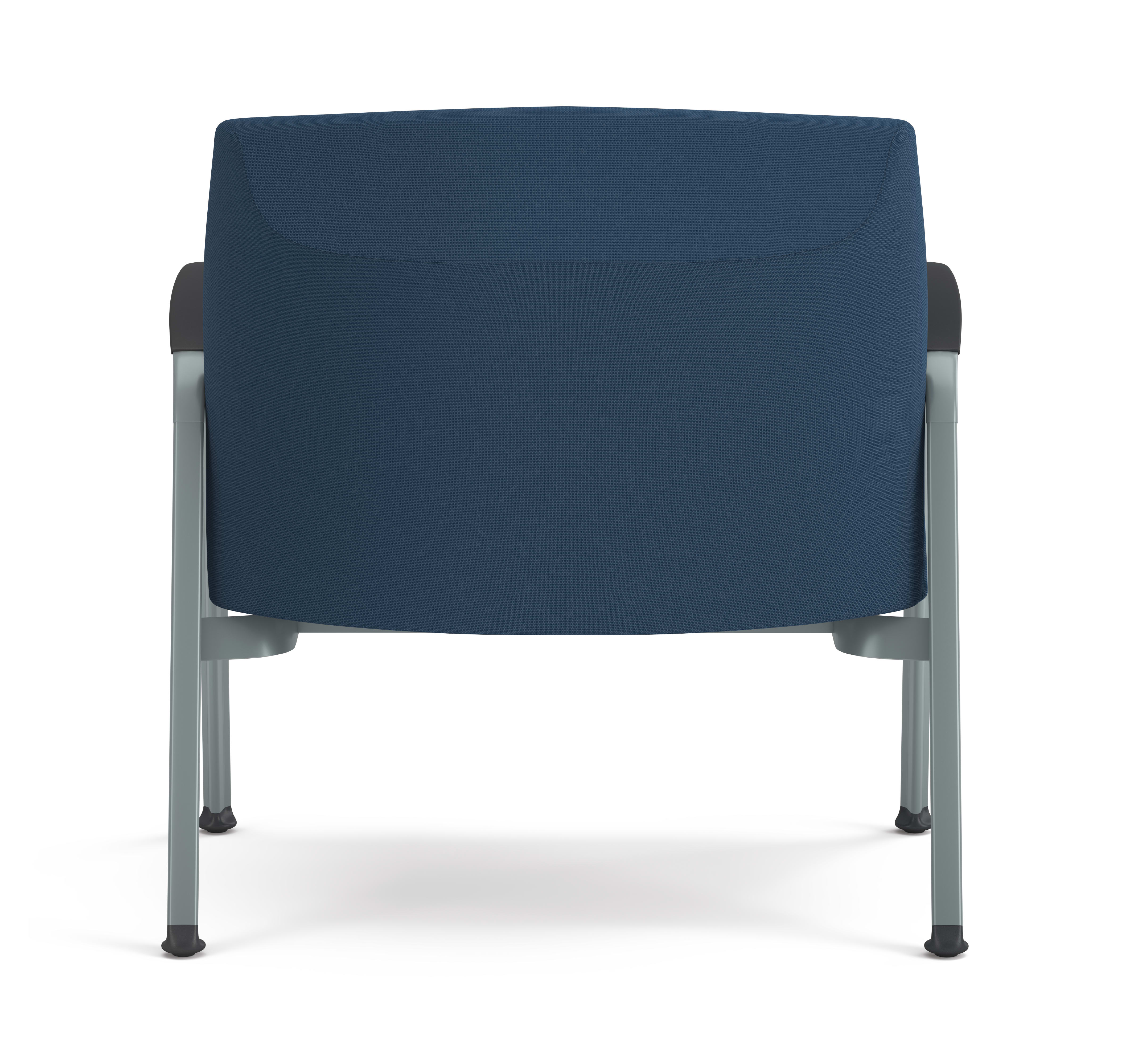 Blue cushioned guest chair with textured fabric, metal frame, and integrated armrests, designed for modern office or waiting areas.
